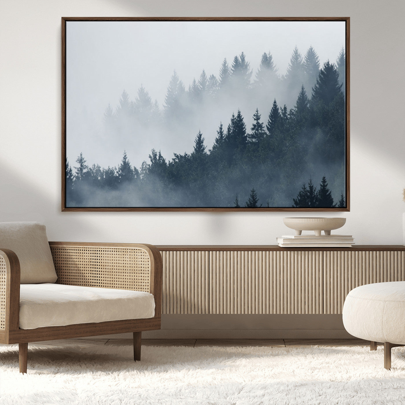 MGV-FC-36X24 - Misty Forest Wall Art Print – Foggy Pine Tree Canvas Print – Dark Woodland Nature Artwork – Perfect for Minimalist and Modern Home Decor