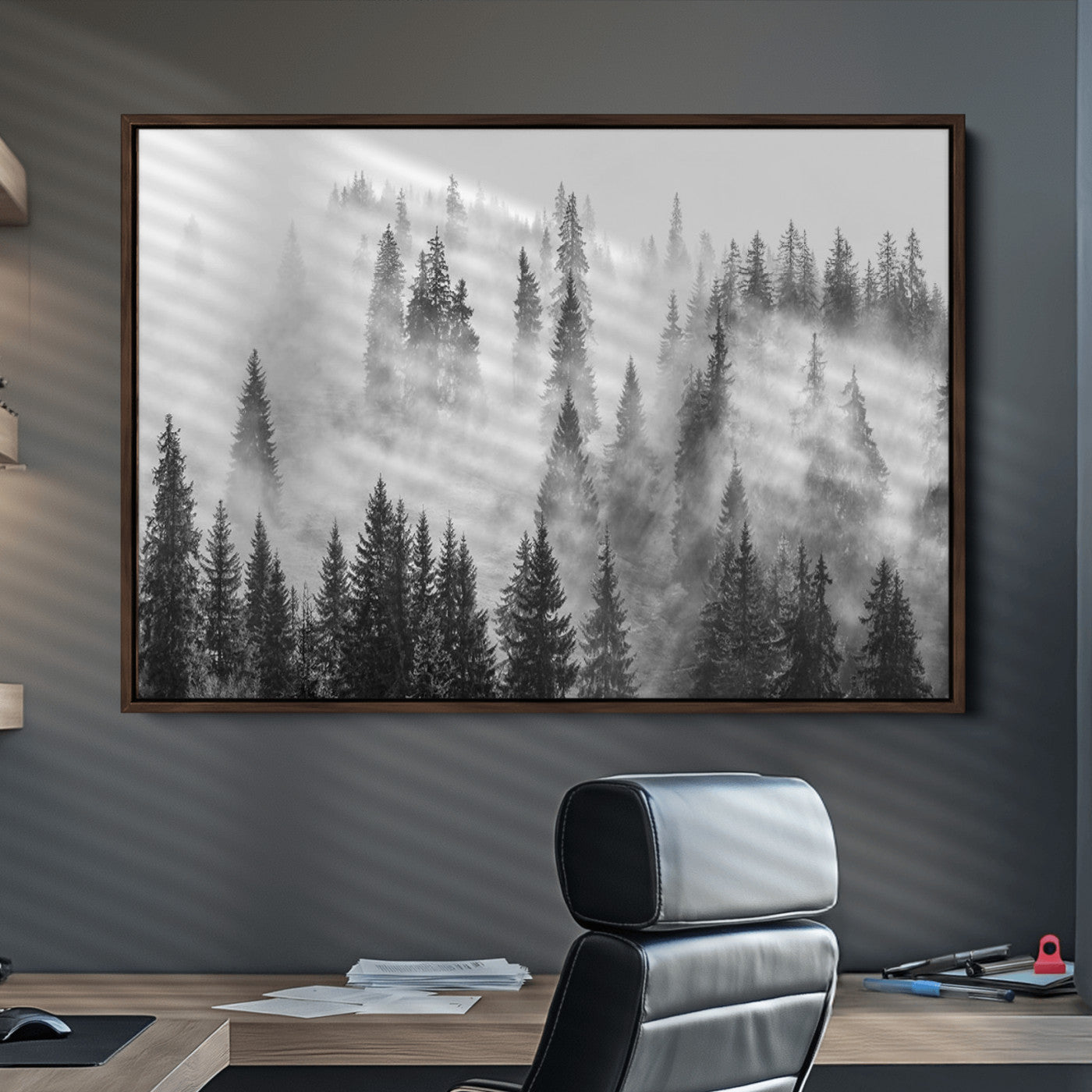 10422-MGV-CV-36X24-Forest Wall Art Print | Foggy Pine Forest Canvas Wall Art - Black and White Nature Decor for Living Room