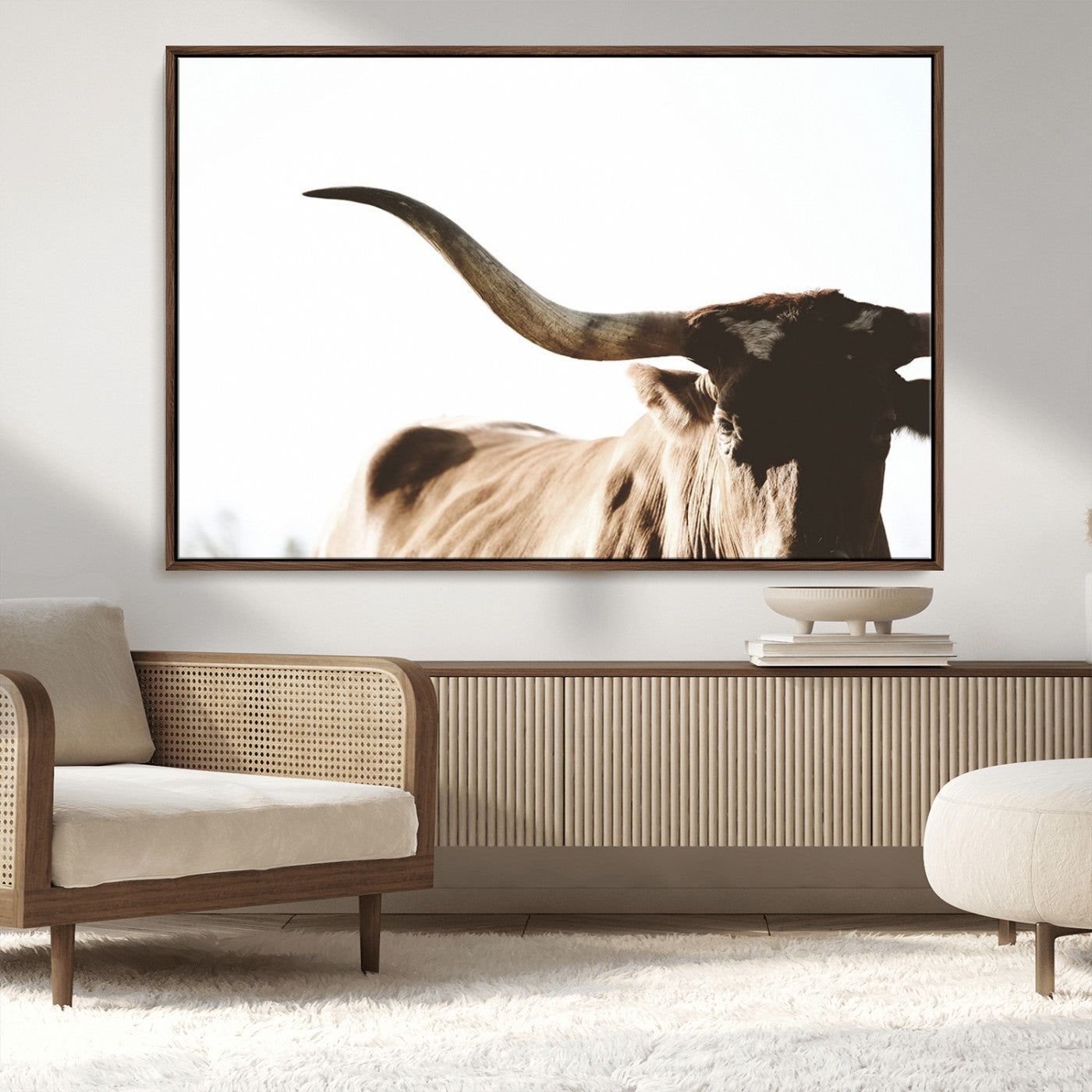 MGV-FC-36X24 - Texas Longhorn Wall Art Canvas Print | 3-Panel Large Longhorn Canvas Print for Living Room, Framed Gallery Wrap Office, Rustic Western Cowboy Decor