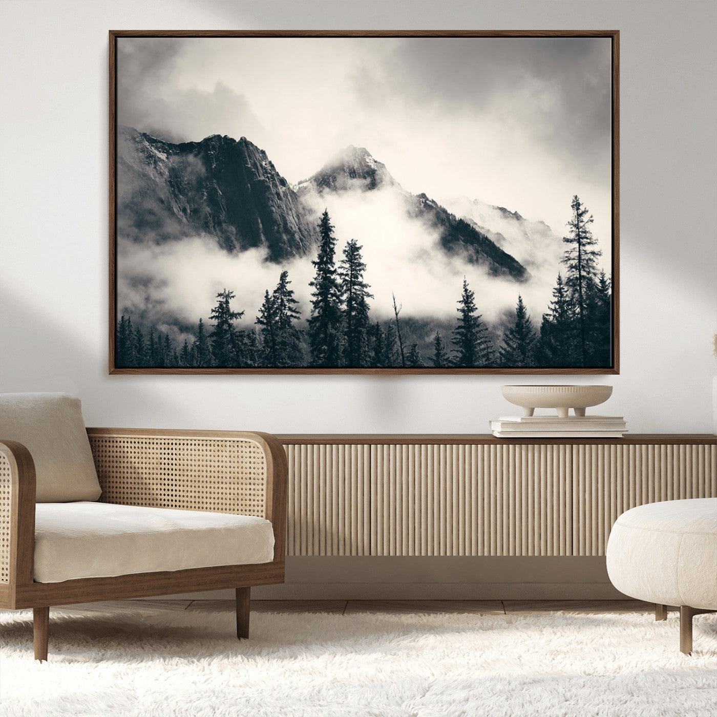 MGV-FC-36X24 - Forest Mountain Print - Black and White Canvas Wall Art with Misty Forest Design for Elegant and