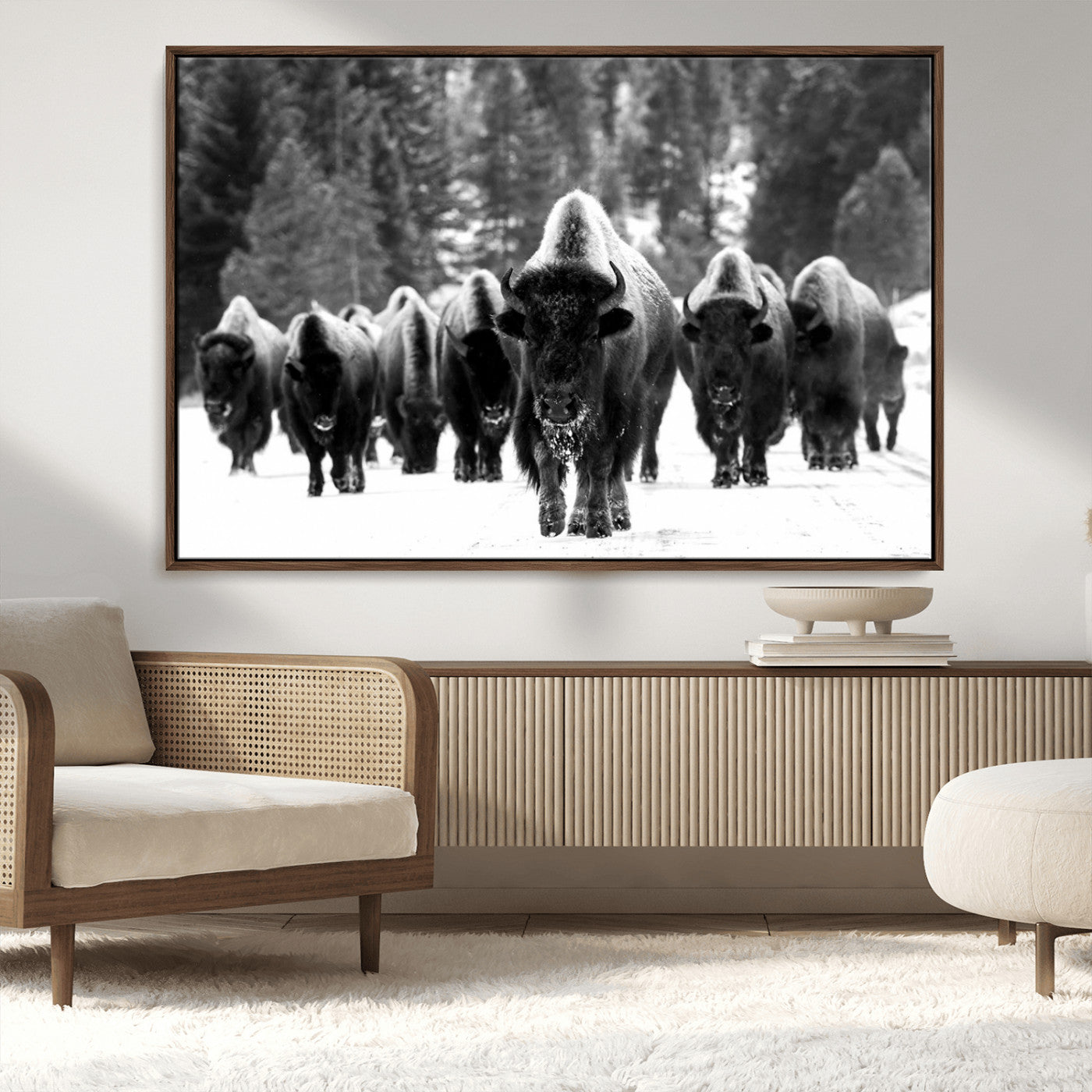 62434-MGV-CV-36X24-Bison Herd in Snow Wall Art Canvas Print | Rustic Western Bison Wall Art for Decor for Living Room,