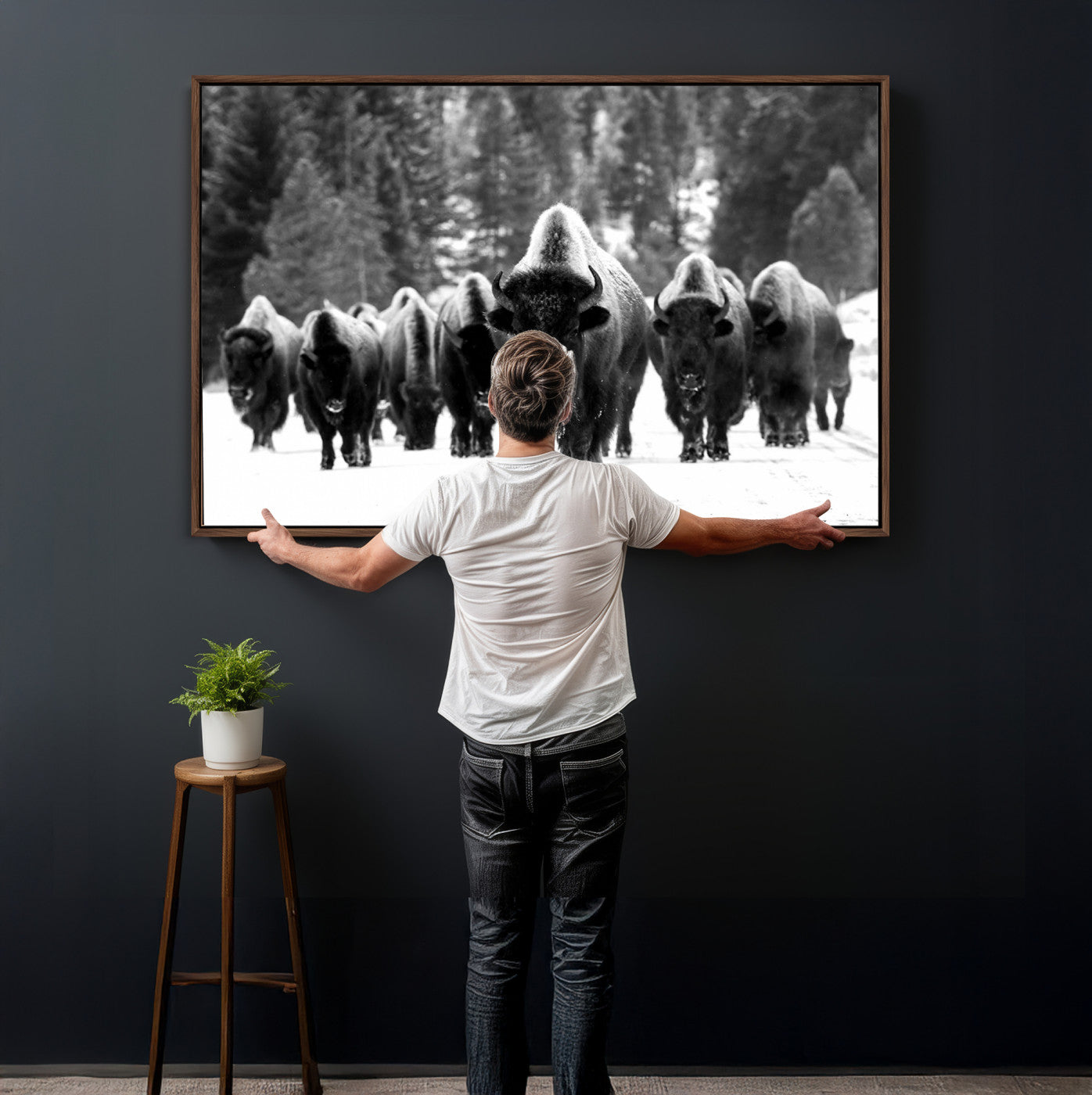 62434-MGV-CV-36X24 - Bison Herd in Snow Wall Art Canvas Print | Rustic Western Bison Wall Art for Decor for Living Room,