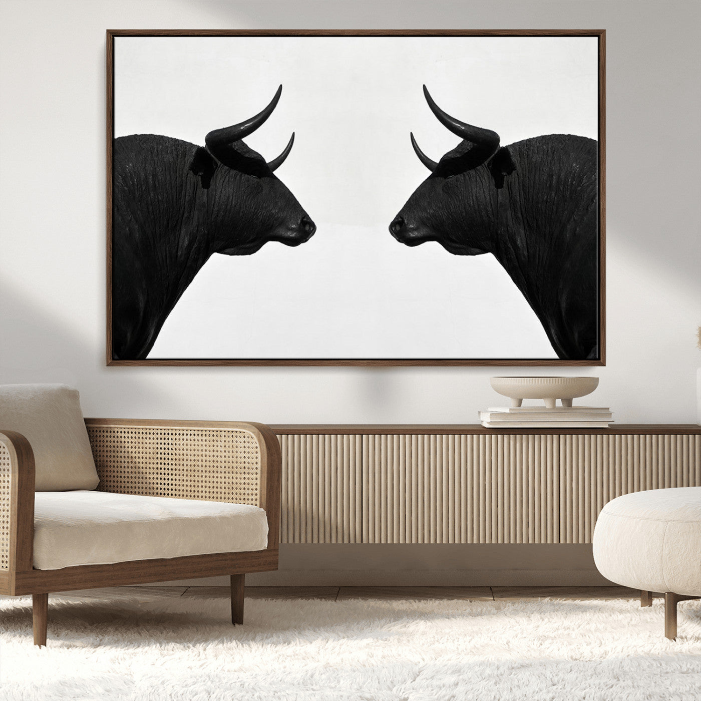 -Spanish Bull Art - Framed Black and White Bull Canvas Print for Modern Rustic Home or Office Decor