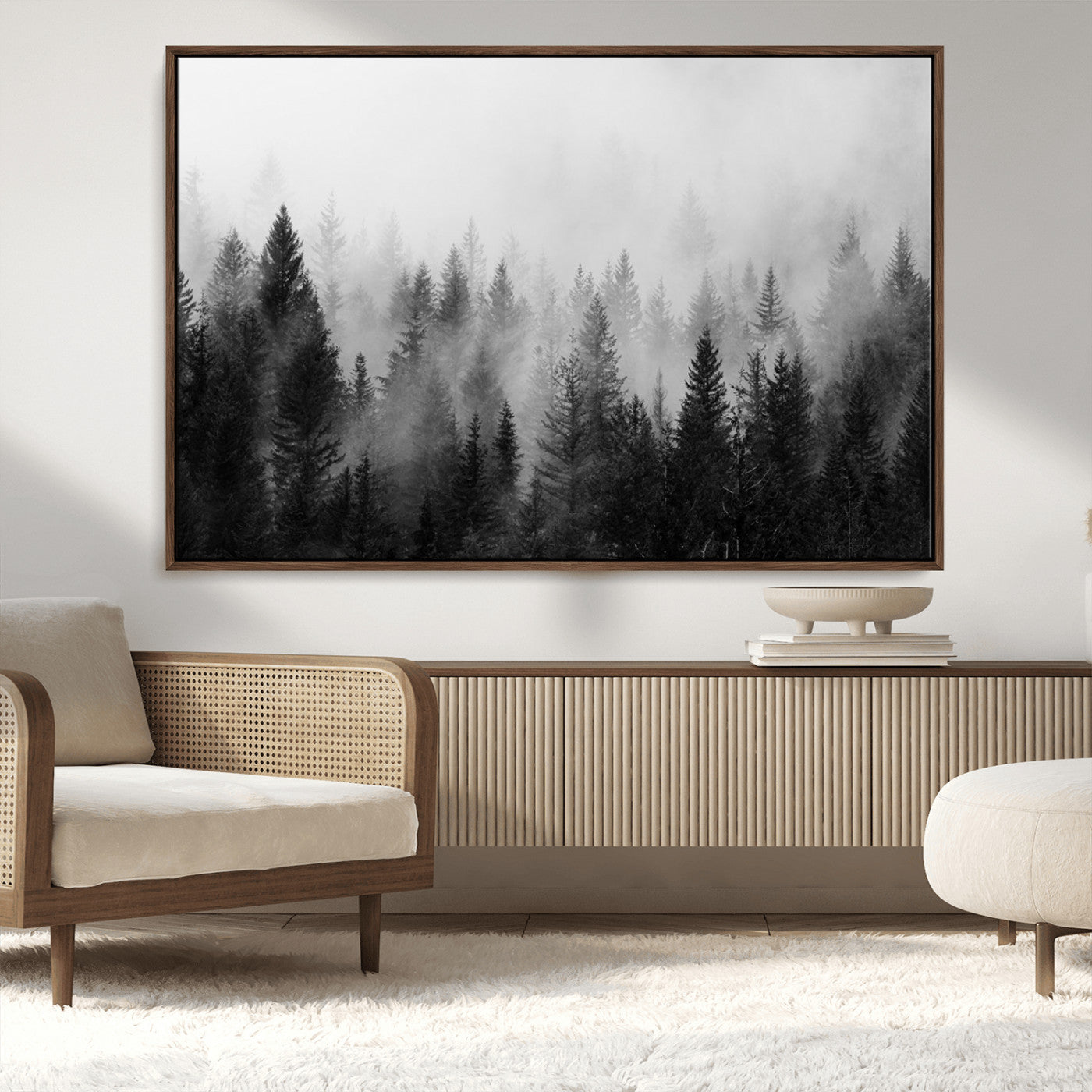 MGV-FC-36X24 - Foggy Black and White Forest Wall Art, 3 Panel Misty Pine Trees Canvas Print for Living Room, Office, or Bedroom, Nature-Inspired Woodland Wall Decor