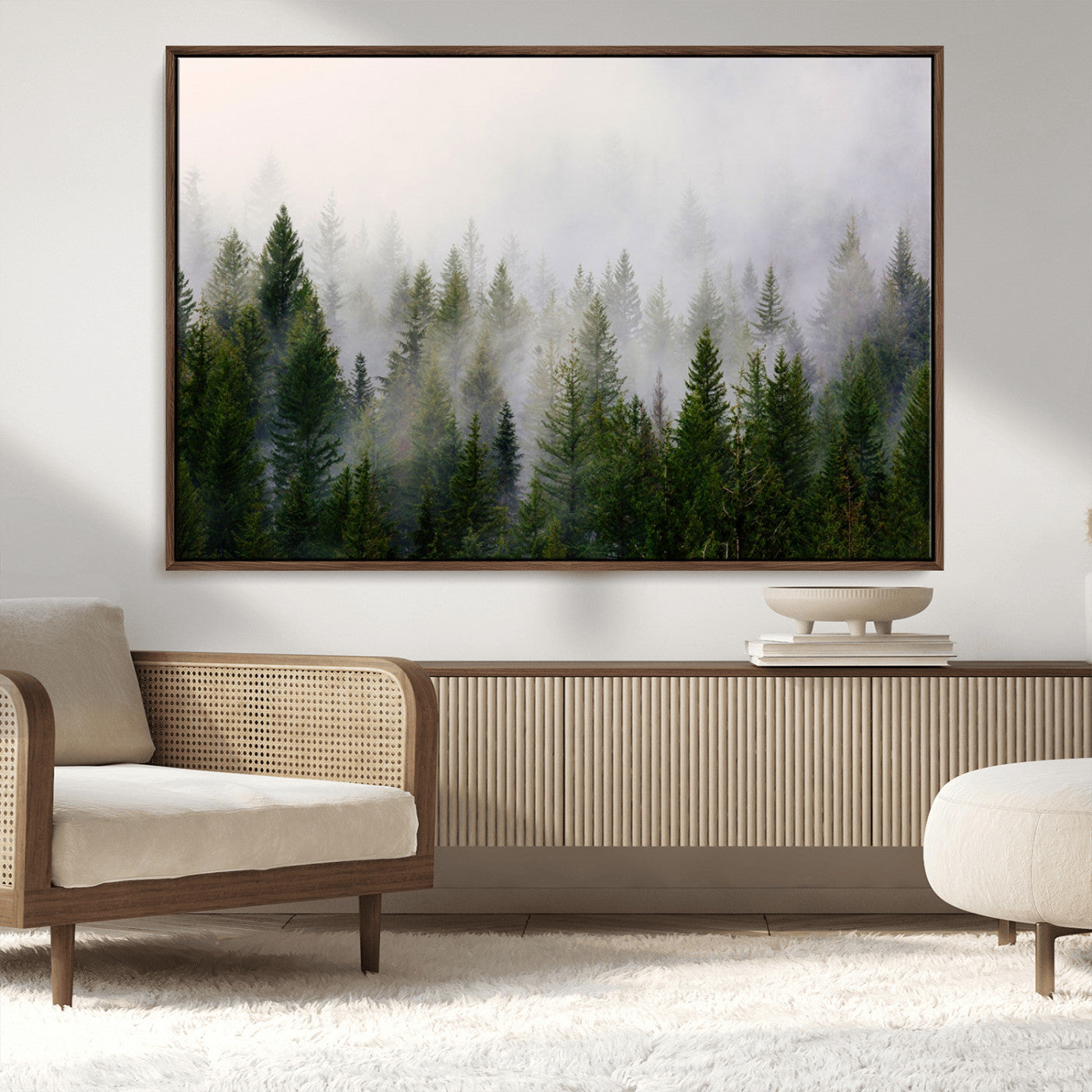 MGV-FC-36X24 - Misty Pine Forest Wall Art Canvas Print | 3 Panel Green Woodland Canvas Print for Living Room, Office, or Dining Room | Nature Foggy Forest Decor