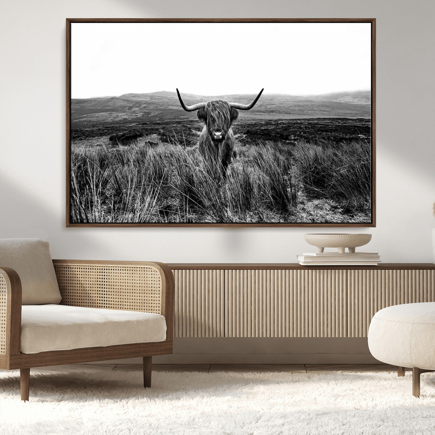 MGV-FC-36X24 - Black and White Highland Cow Canvas Wall Art, Longhorn Triptych Western Wall Decor for Cabin -