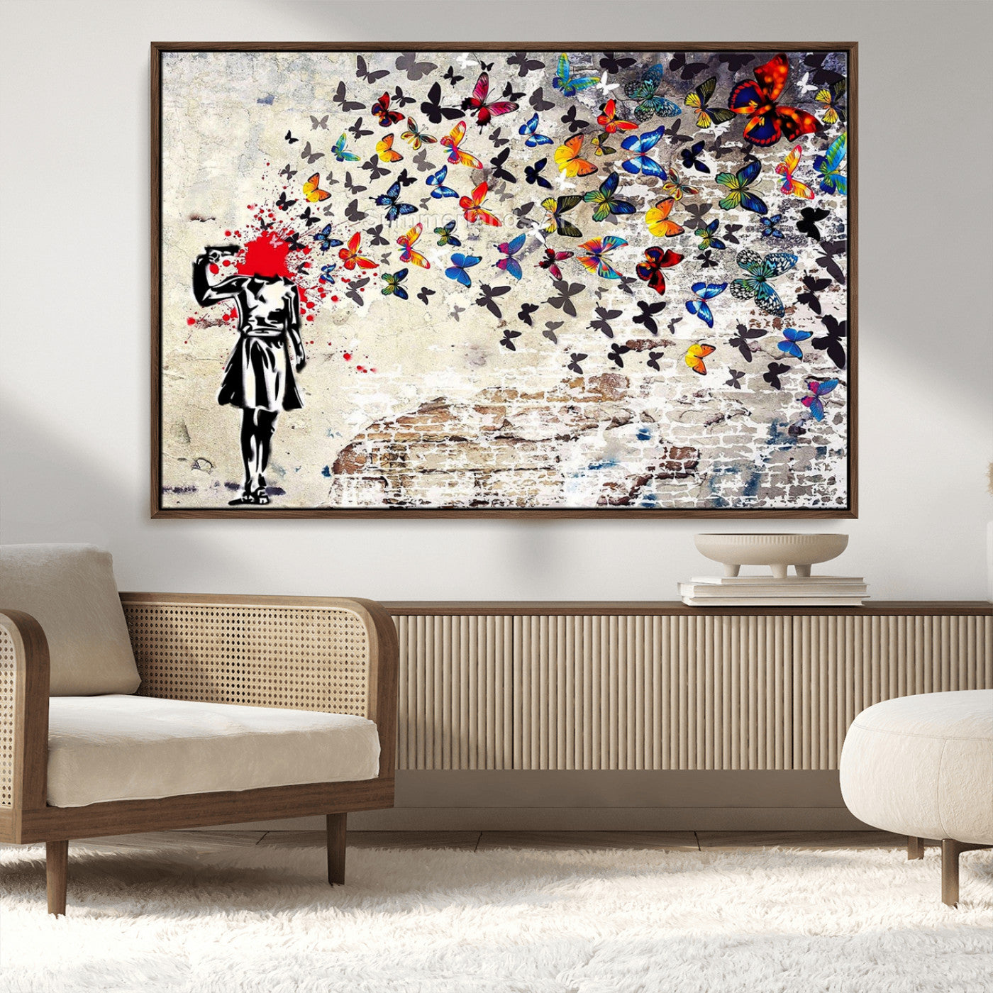 MGV-FC-36X24 - Banksy Art Butterfly Girl Explosion Canvas Art – Vibrant Urban Graffiti for Modern Interiors - Ready to Hang