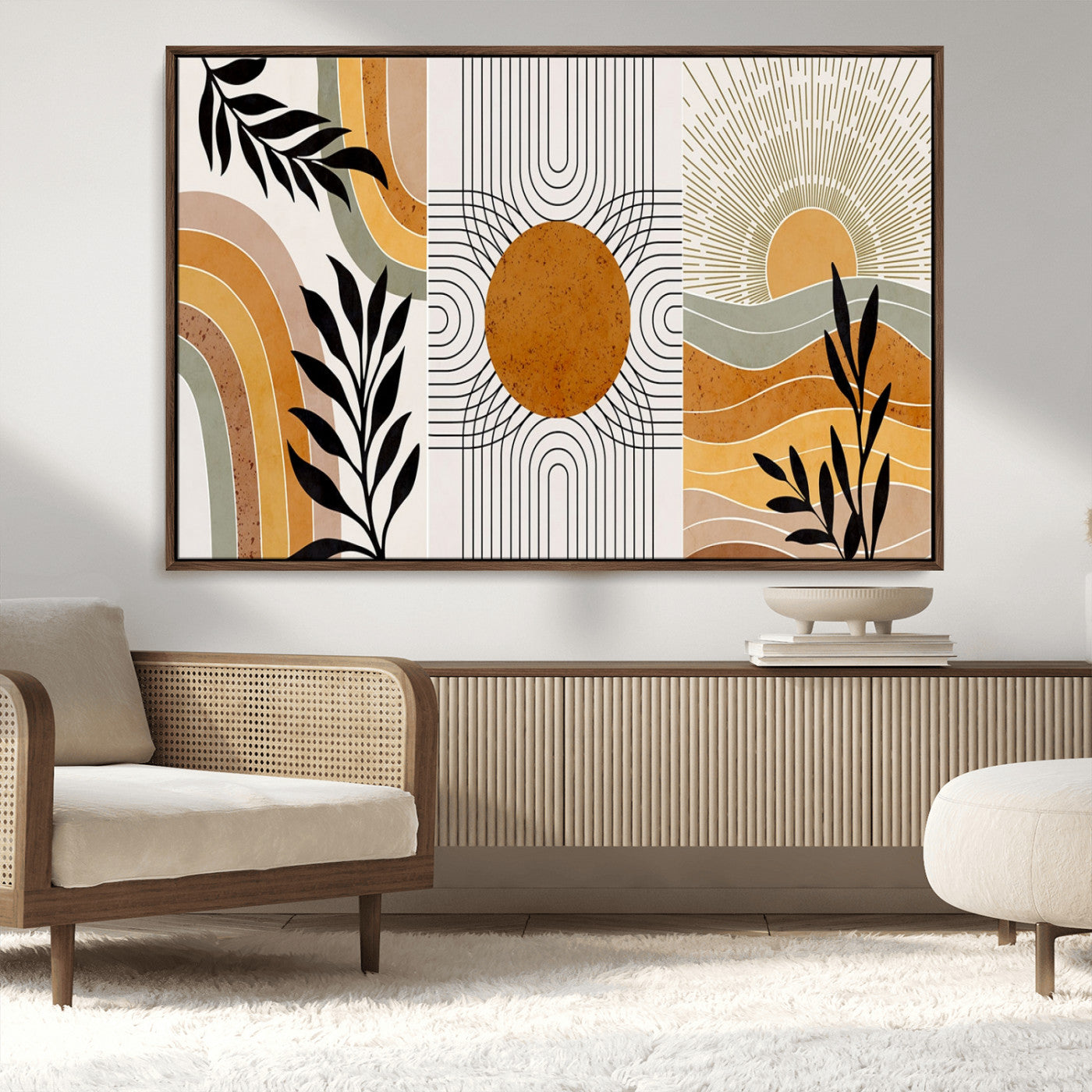 MGV-FC-36X24 - Modern Boho Sun and Leaf Abstract Art – 3-Panel Giclée Canvas for Mid-Century Modern or Bohemian