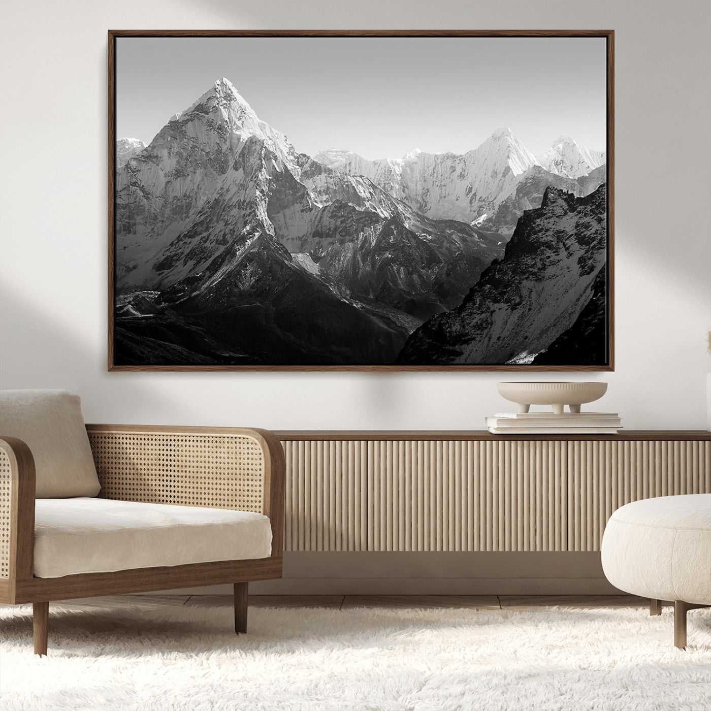 MGV-FC-36X24 - Everest Himalaya Mountain Peaks Black & White Triptych Canvas Art – Mountain Wall Decor for Minimalist Interiors