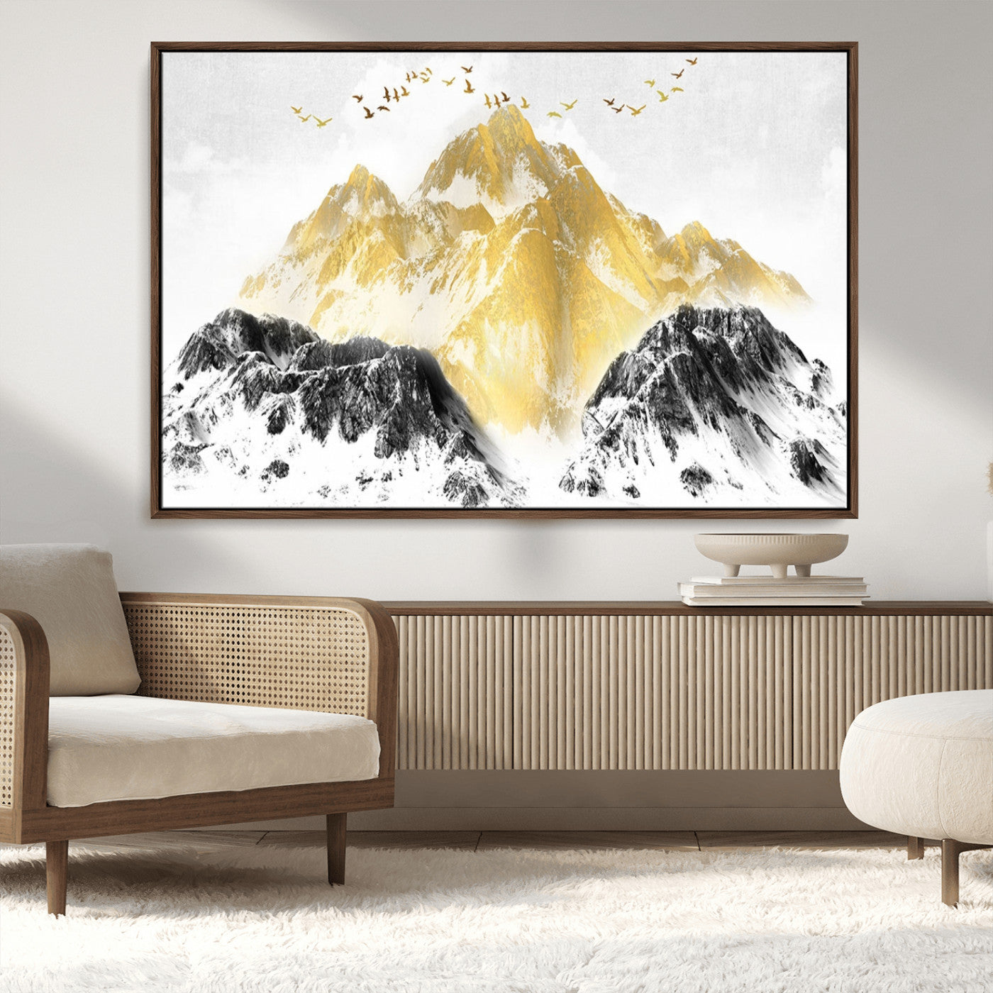 MGV-FC-36X24 - Golden Mountain Triptych Wall Art, Modern Giclee Canvas Print, Nature Landscape Decor for Living Room, Contemporary Gold and Black Wall Art