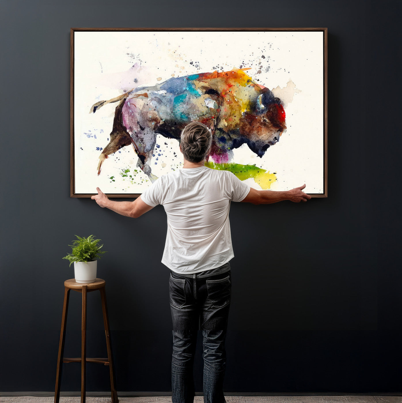 44504-MGV-CV-36X24 - Abstract Buffalo Wall Art, Western Watercolor Bison Canvas Print, Rustic Buffalo Art for Cowboy and