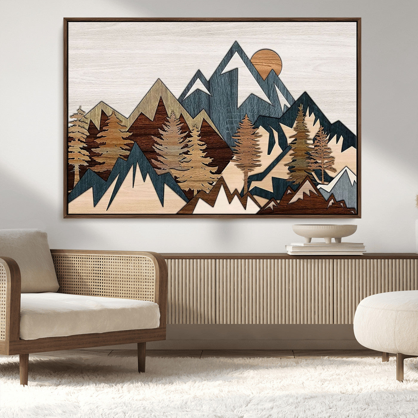 MGV-FC-36X24 - Woodland Mountain Landscape Triptych, Giclee Canvas Art for Modern Home, Rustic Wooden Nature Wall Art, Large Mountain and Tree Canvas for Living Room