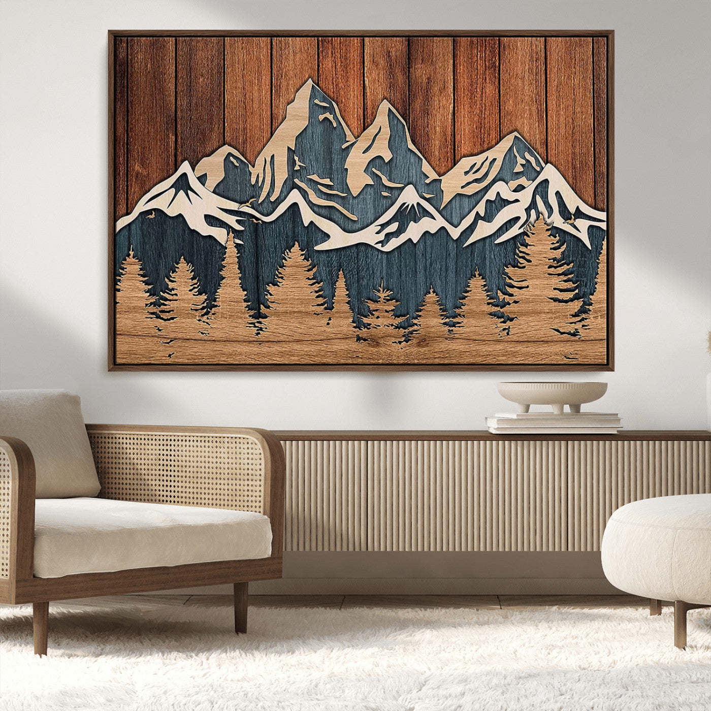 MGV-FC-36X24 - Rustic Wood Style Mountain Wall Art, Nature Forest Canvas Print, Wooden Textured Mountain Artwork, Handcrafted Landscape Decor for Farmhouse Decor