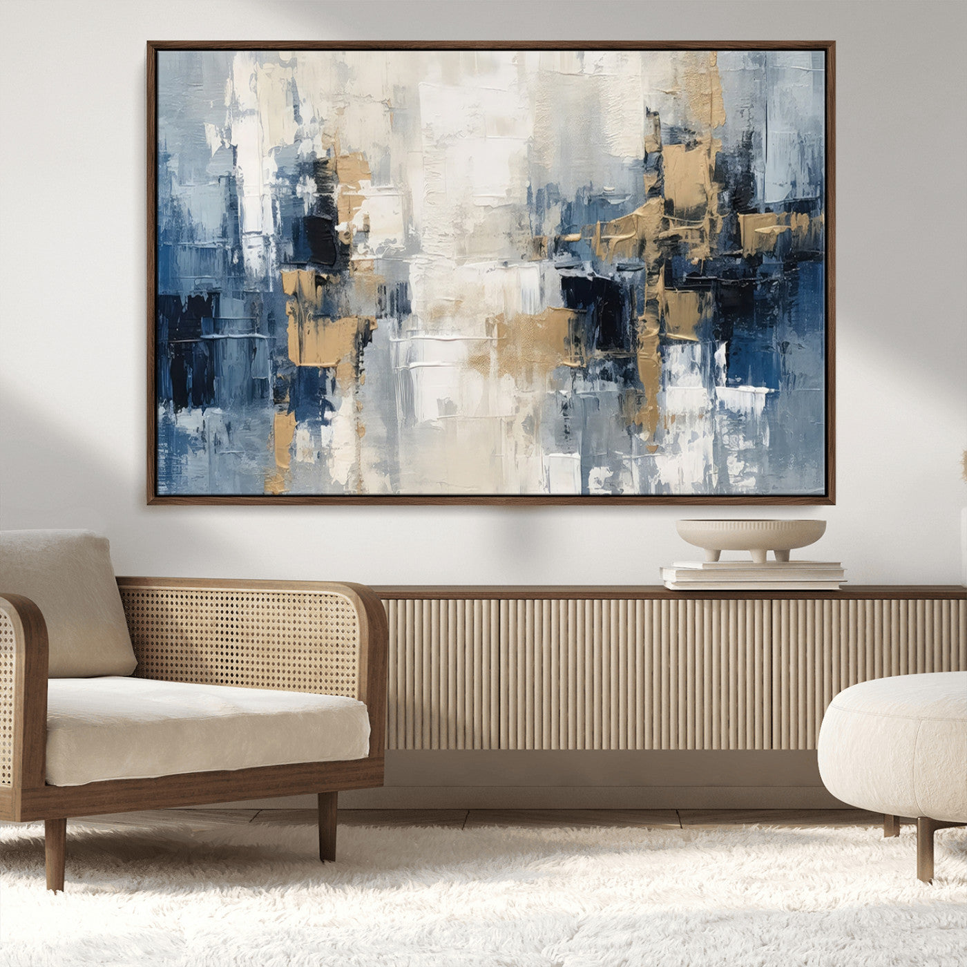-Modern Abstract Canvas Wall Art in Blue and Gold Tones | Large Contemporary Art for Living Room,