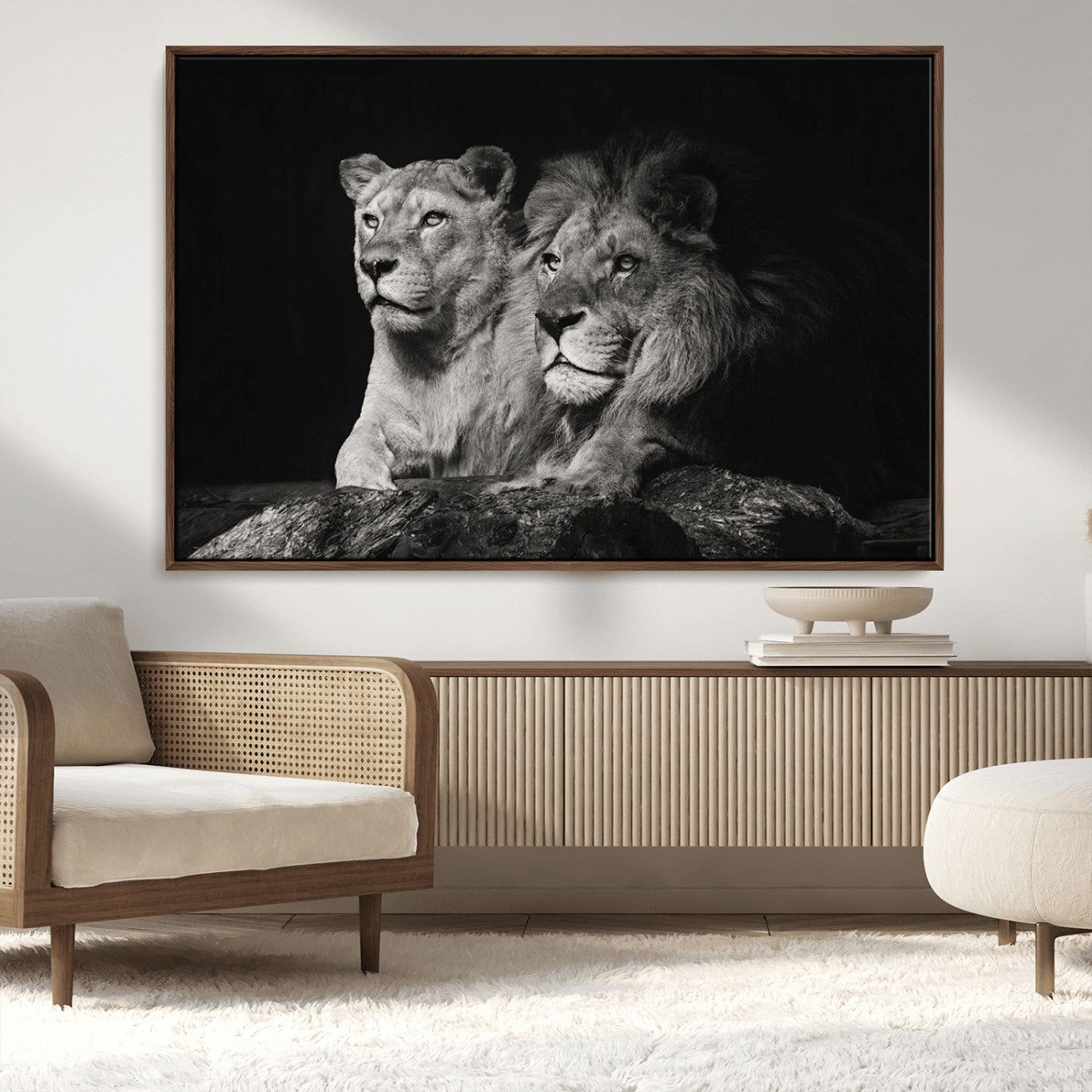 MGV-FC-36X24 - Lion Couple Canvas Wall Art Print – Elegant Wildlife Portrait in Black and White Lion Family – Ready to Hang