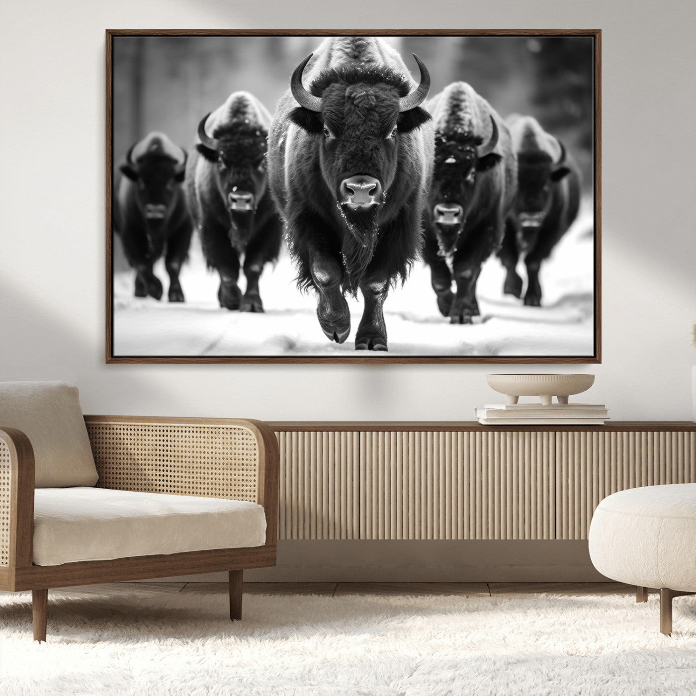 MGV-FC-36X24 - American Bison Art | Buffalo Herd Wall Art Canvas Print, BW American Bison Herd Wall Art Canvas Print