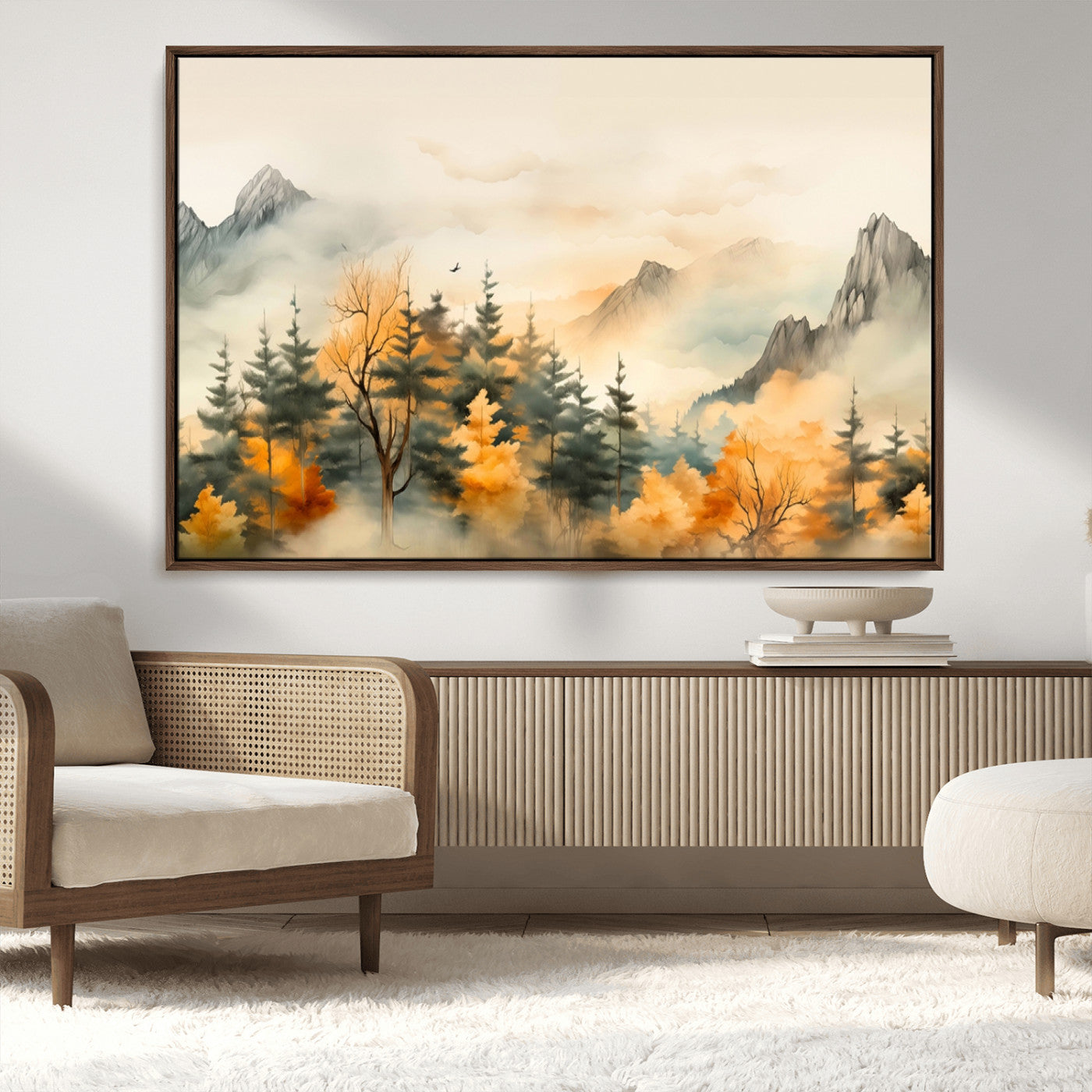 MGV-FC-36X24 - Abstract Watercolor Mountains and Trees Autumn Art, Watercolor Mountains and Trees Canvas Print