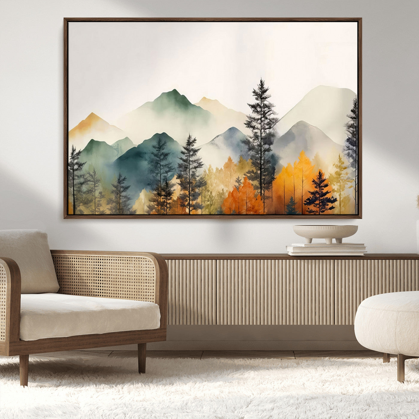 MGV-FC-36X24 - Abstract Watercolor Mountains and Trees Autumn Wall Art, Mountains and Trees Autumn Wall Art Canvas