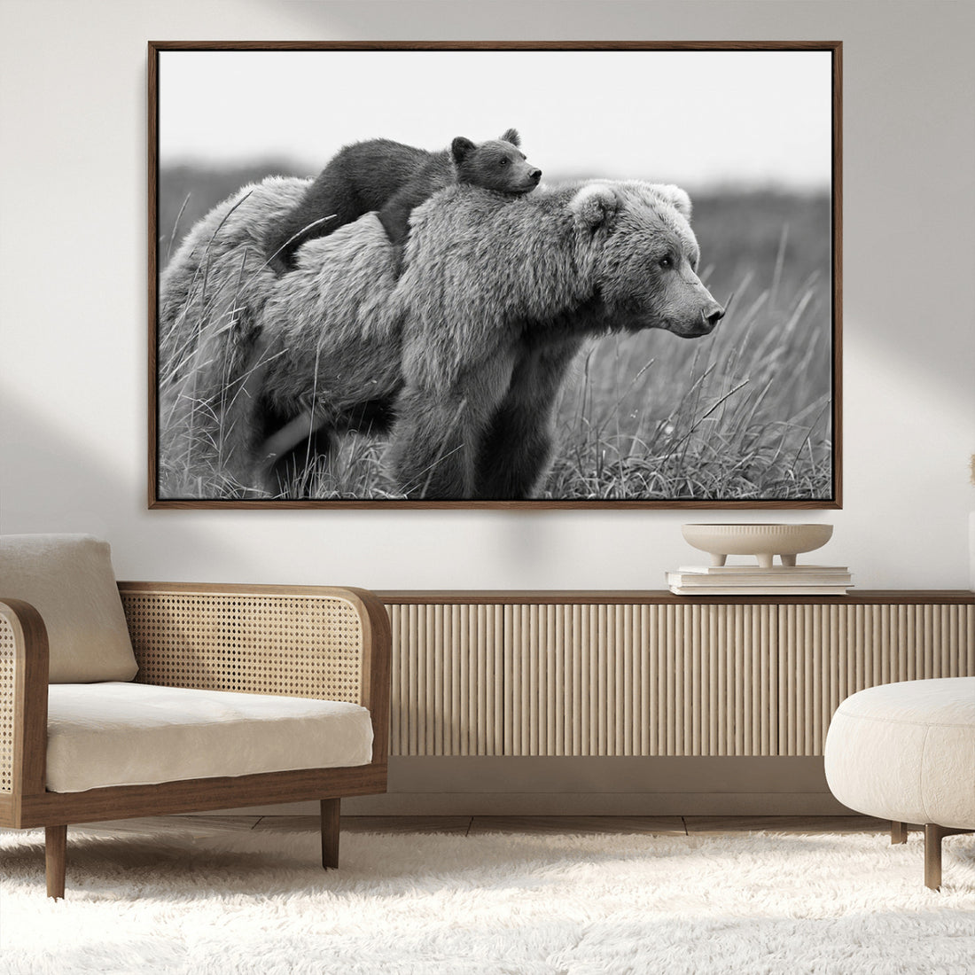 Bear and Cub Wall Art Canvas | Grizzly 399 Bear and Cub Black and White Wildlife Print