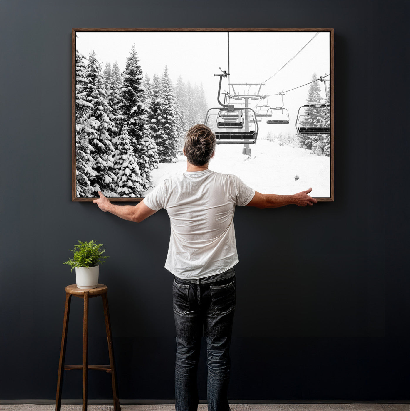 70609-MGV-CV-36X24 - Winter Forest Wall Art Canvas Print, Framed Snowy Forest Art Picture Print, Winter Ski Lift Perfect