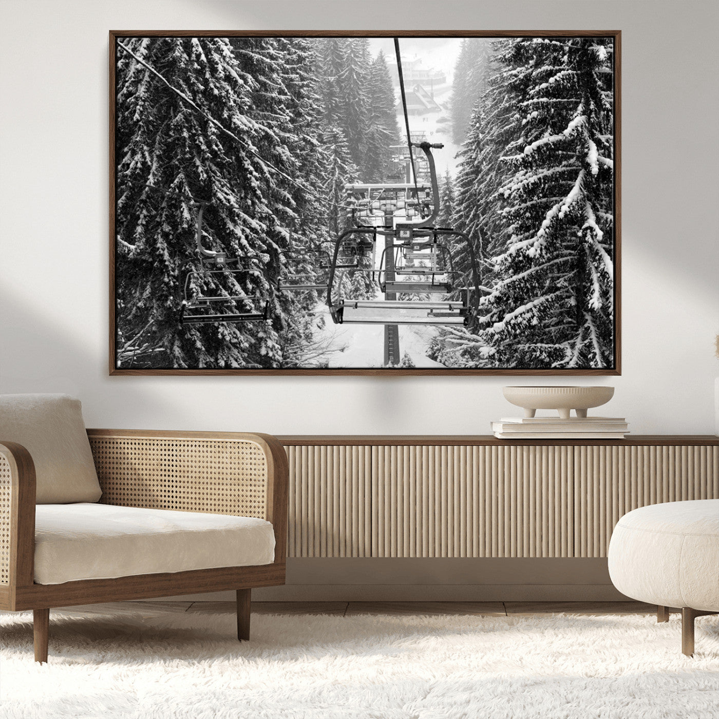 MGV-FC-36X24 - Winter Ski Lift Black and White Canvas Wall Art – Alpine Escape in Minimalist Style – Ready to Hang