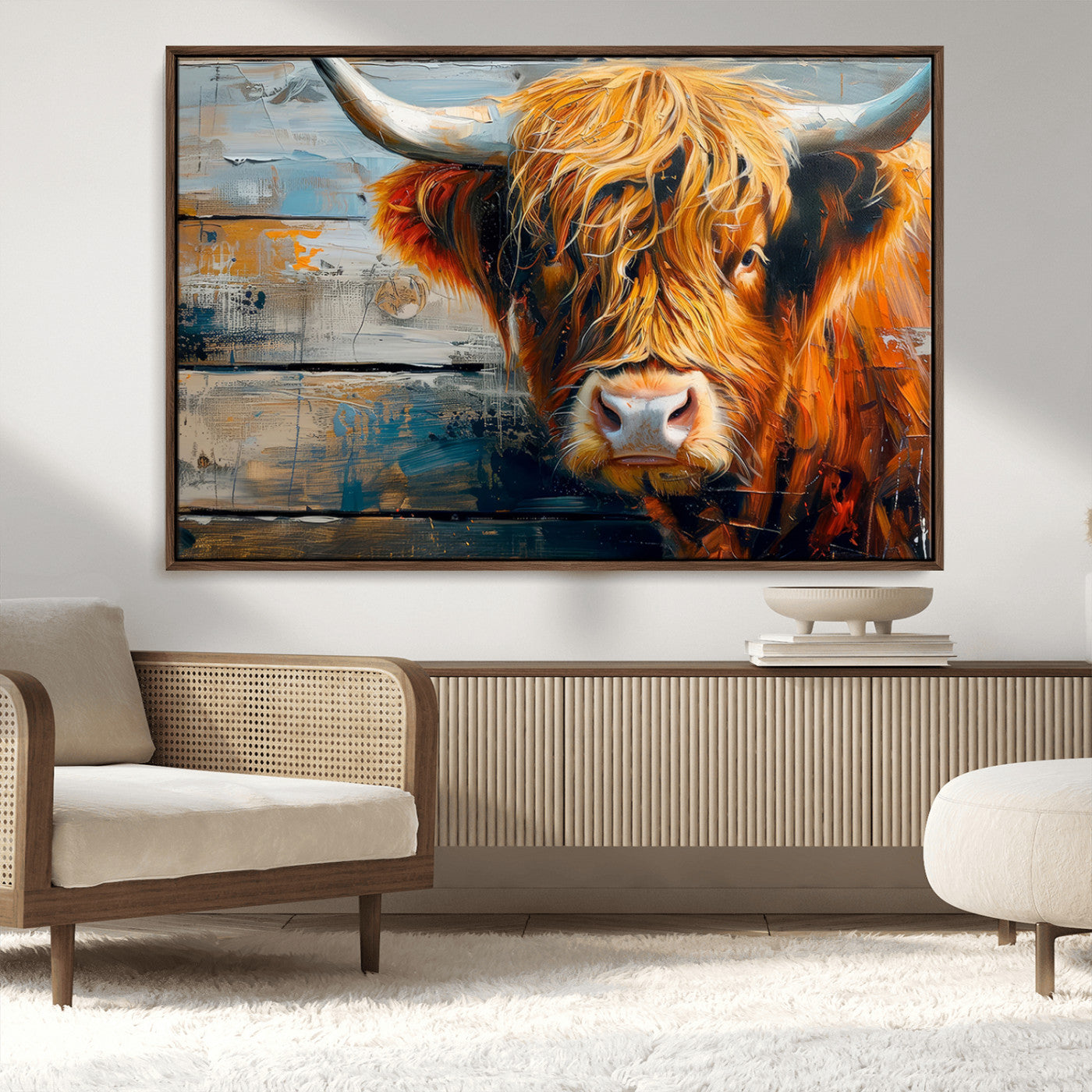 -Highland Cow Abstract Canvas Wall Art – Bold Farmhouse Rustic Decor – Ready to Hang