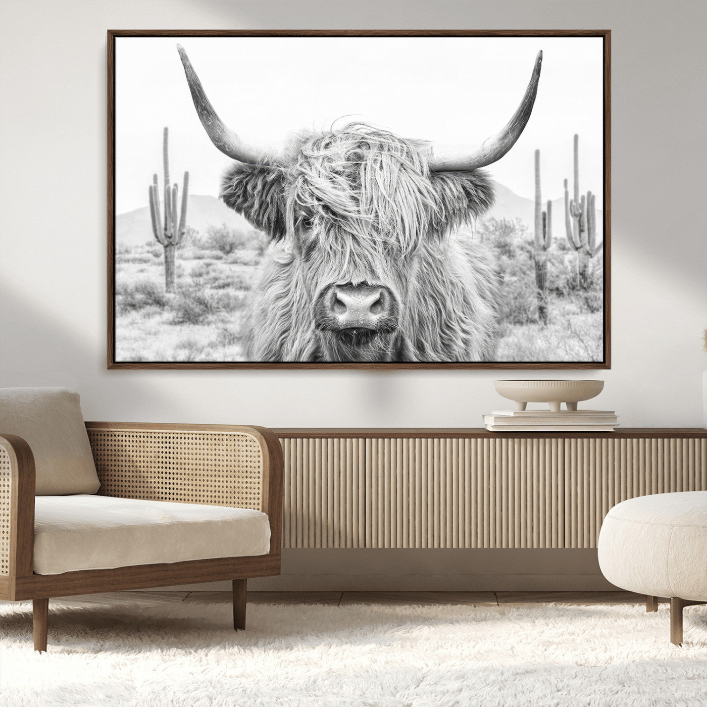 -Rustic Charm | Cow Longhorn Black White Bighorn Wall Art Canvas Print | Farmhouse Wall Art