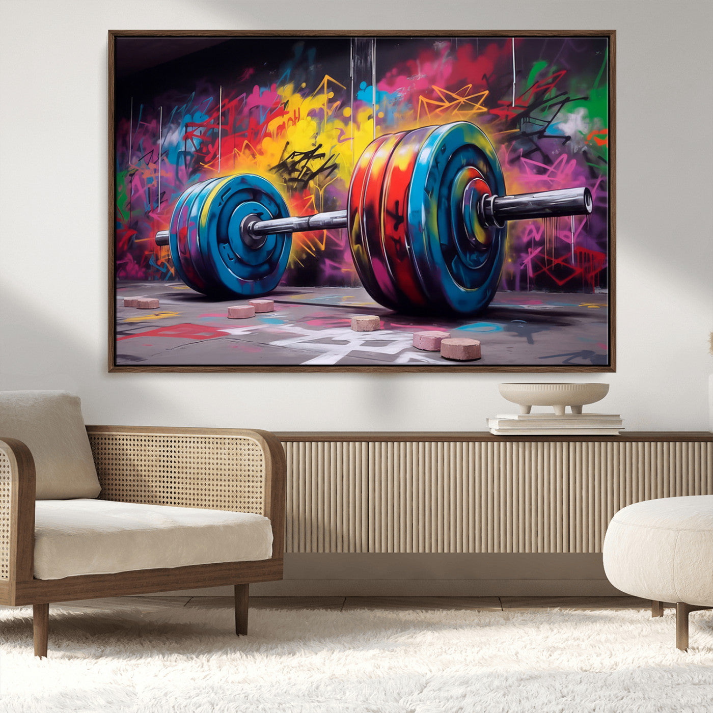 MGV-FC-36X24 - Abstract Graffiti Barbell Canvas Wall Art – Urban Fitness Meets Bold Street Art Print - Gym Wall Art Print