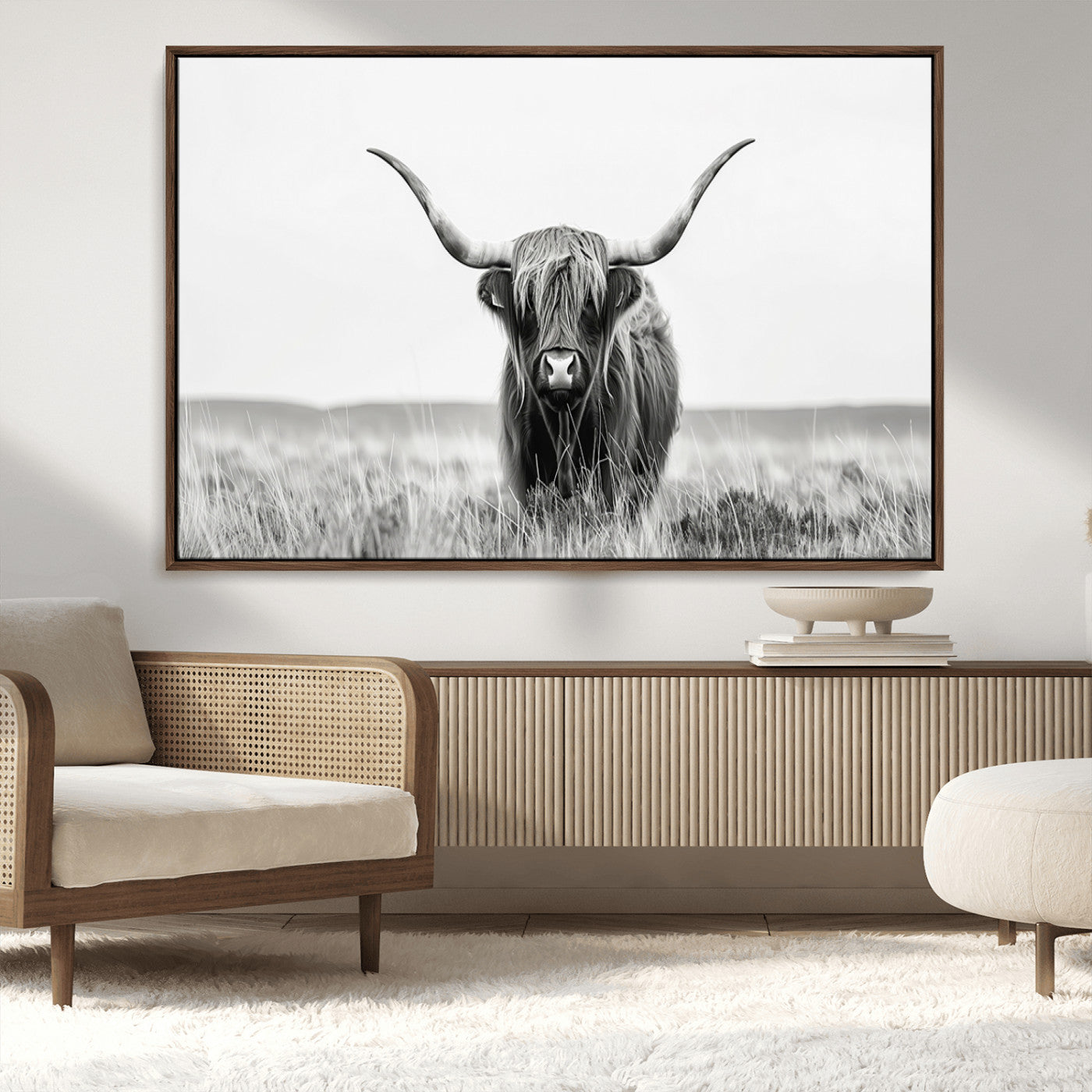 MGV-FC-36X24 - Highland Cow Canvas Wall Art – Majestic Beauty in Black and White
