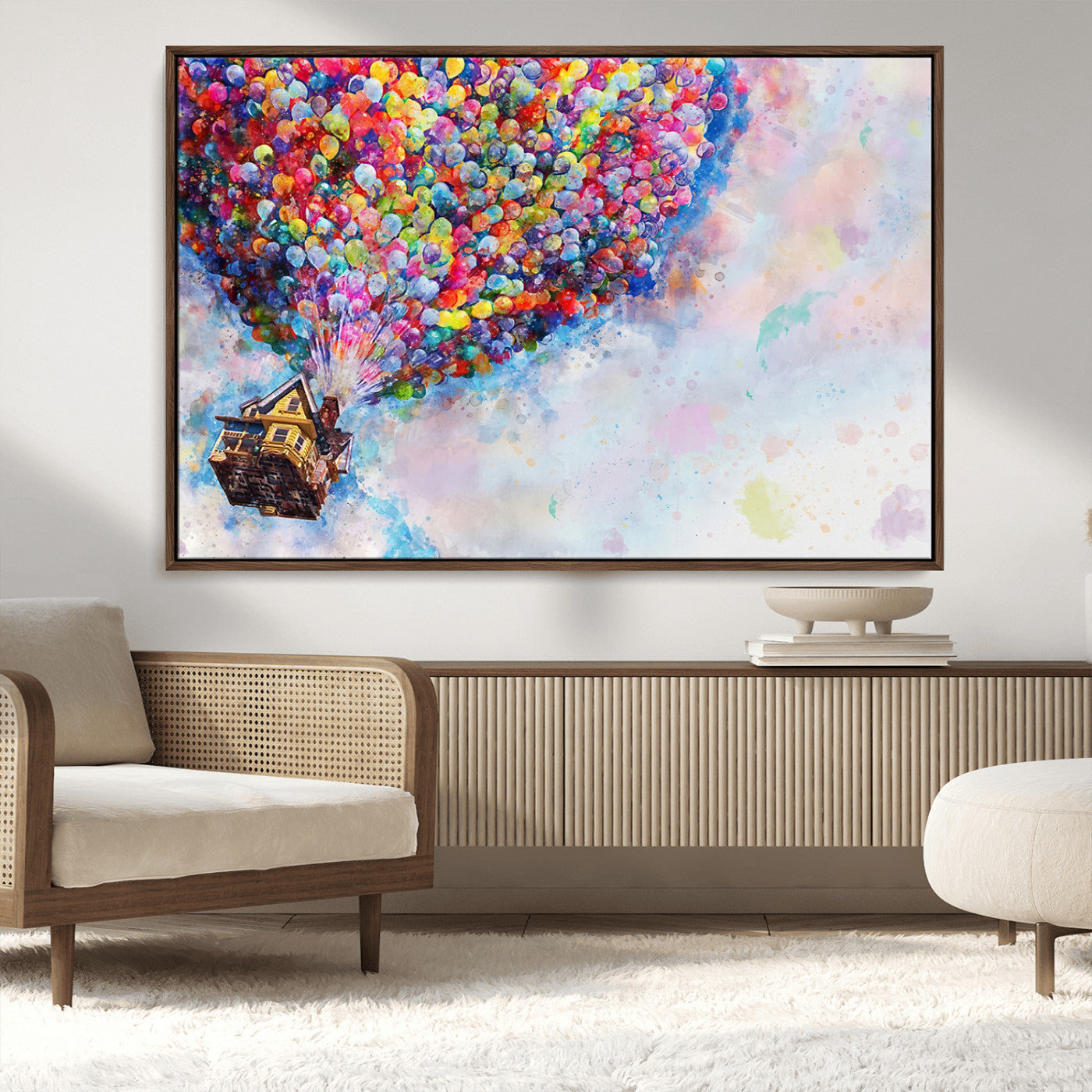 MGV-FC-36X24 - Don't Look Up Movie Canvas Wall Art - Vibrant Floating House and Balloons Scene, Tribute to Iconic