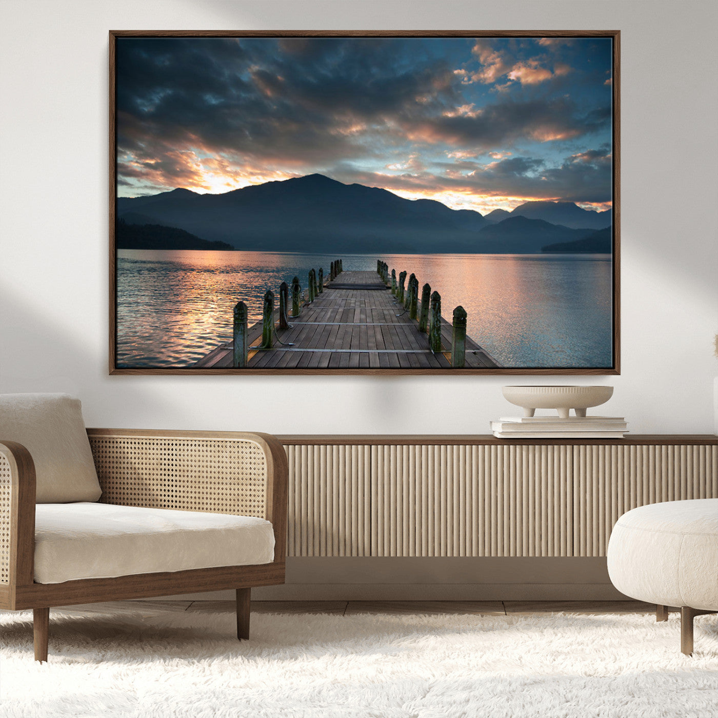 MGV-FC-36X24 - Mountain Lake Wood Pier Canvas Wall Art Nature Lake Print