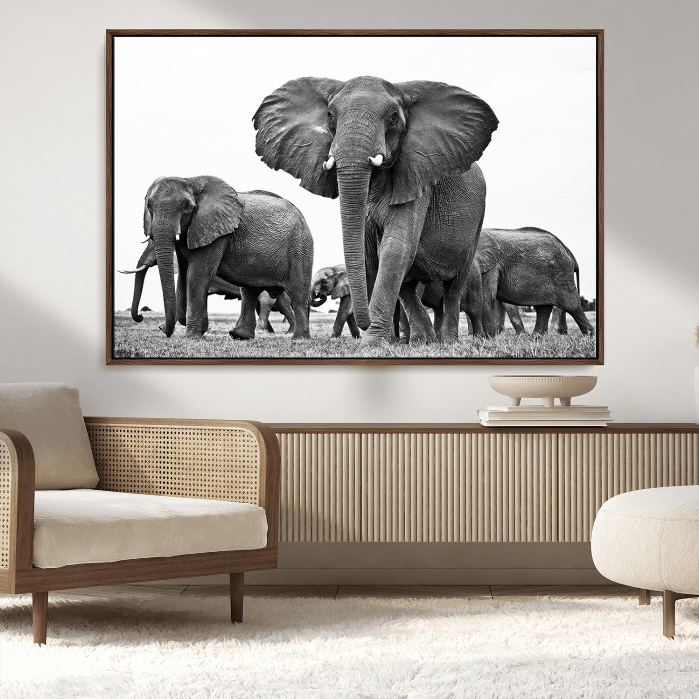 MGV-FC-36X24 - Black White Elephant Family Wall Art Canvas Print