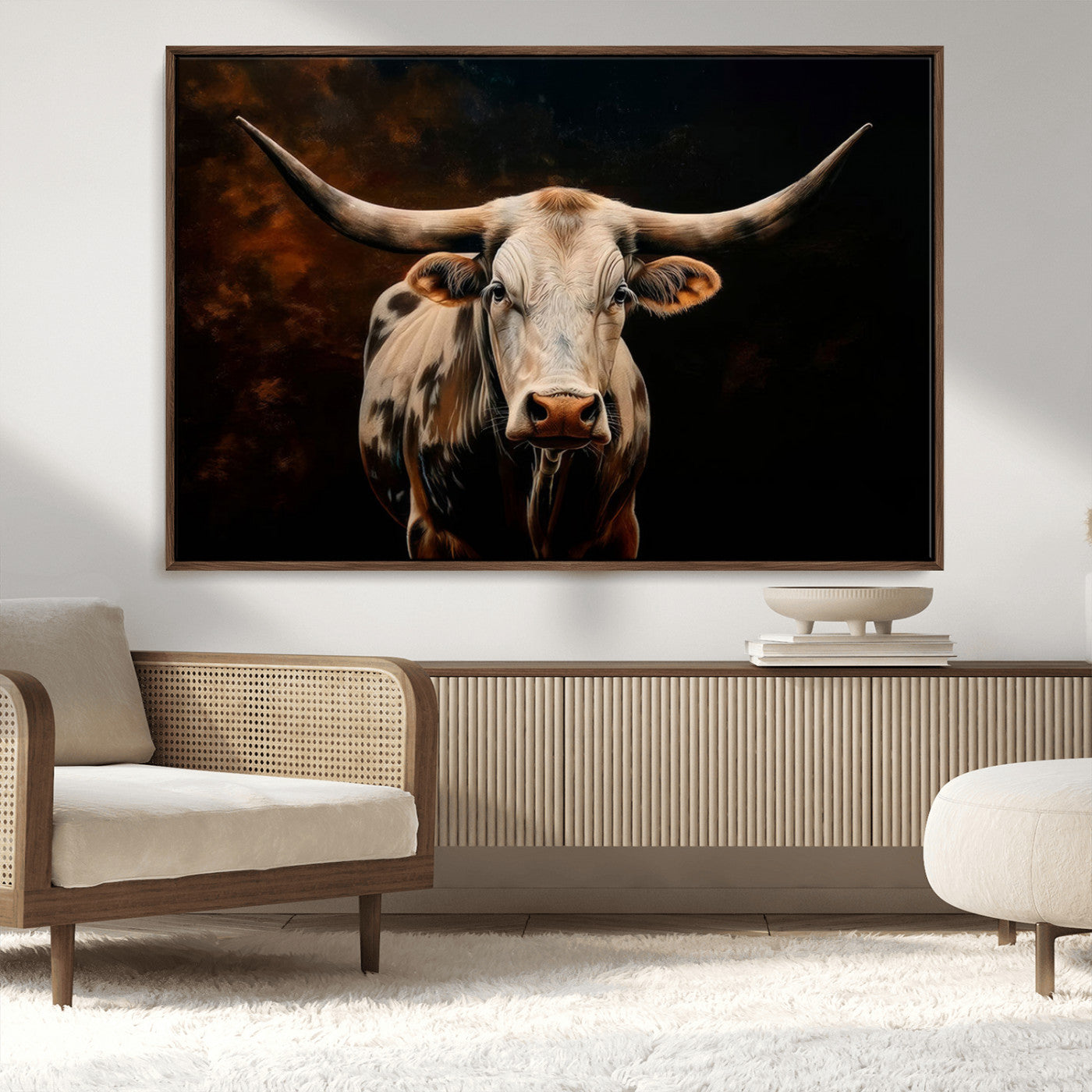 MGV-FC-36X24 - Texas Longhorn Wall Art | 3-Panel Large Texas Longhorn Canvas Print for Living Room, Office, or Farmhouse Decor | Framed Giclee Longhorn Wall Art