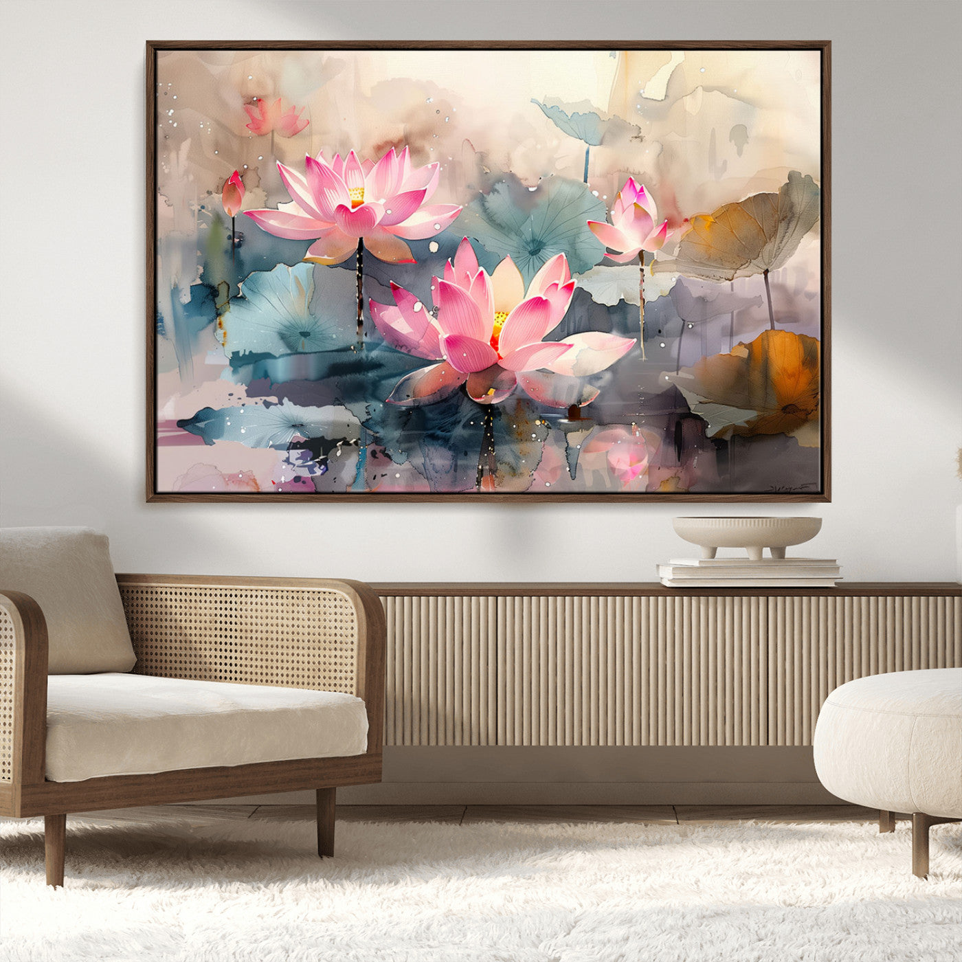 MGV-FC-36X24 - Lotus Flower Wall Art | 3-Panel Giclee Canvas Print of Pink Lotus Blossoms for Living Room, Bedroom, Office | Framed Lotus Floral Wall Art Decor Print
