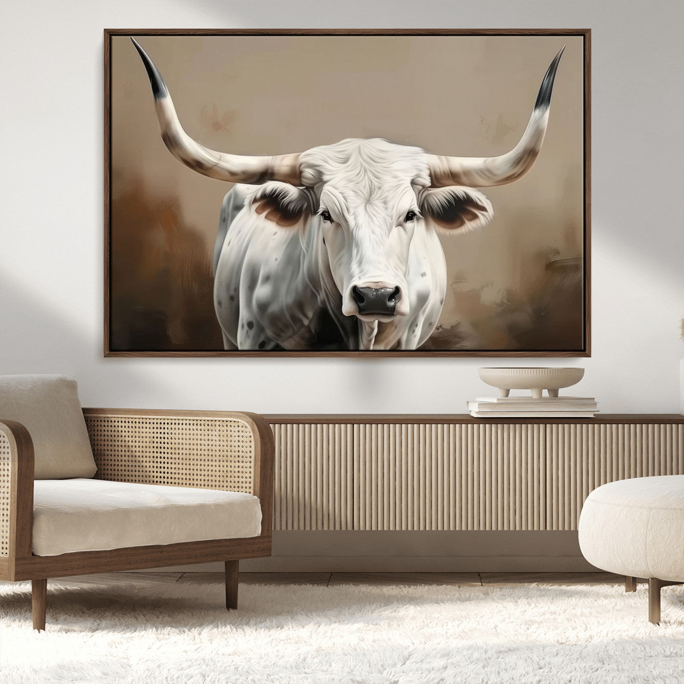 -White Longhorn Bull Wall Art Canvas Print – Framed and Ready to Hang – Perfect for Farmhouse and