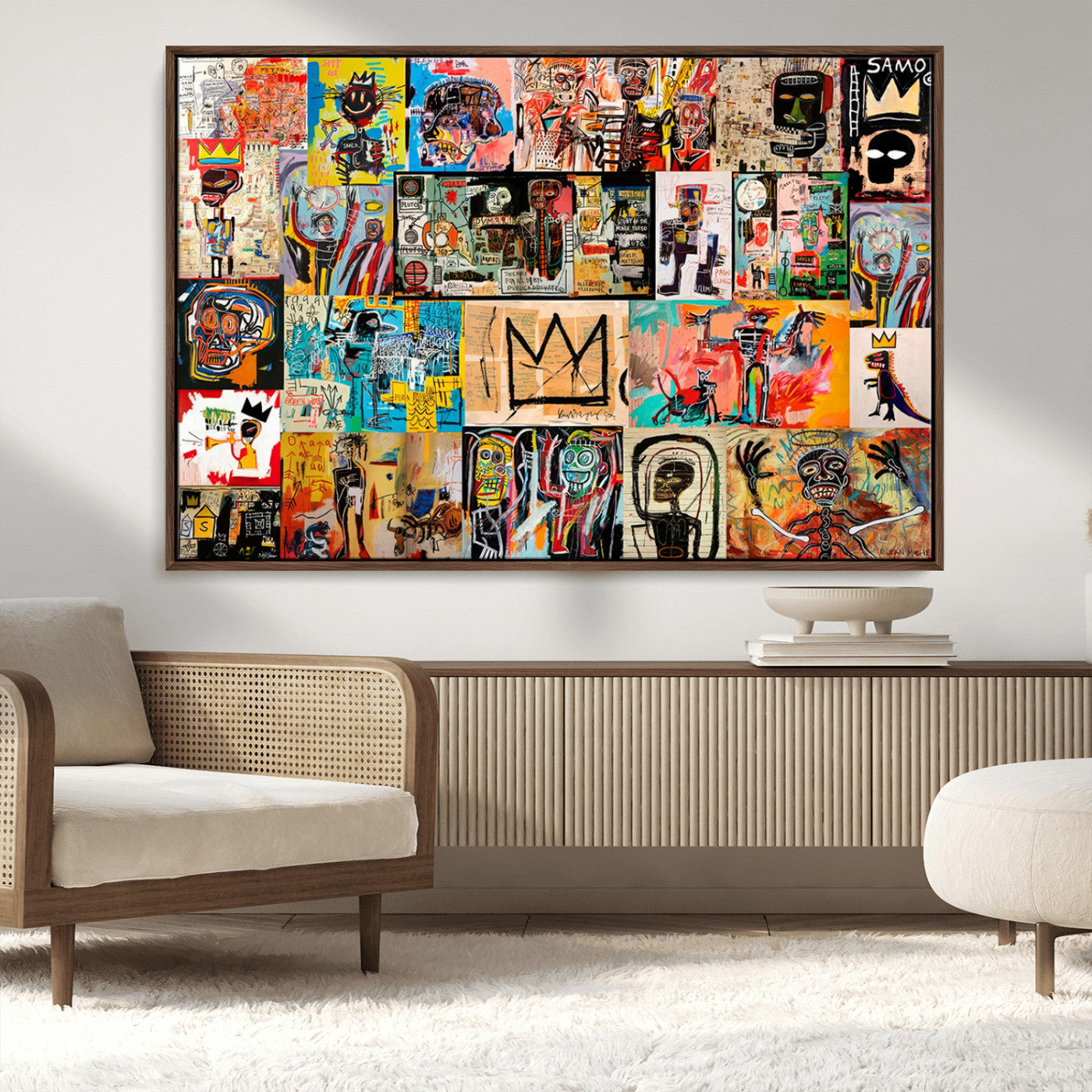 MGV-FC-36X24 - Basquiat Art Collage Wall Art Canvas Print – Framed, Ready to Hang, Urban Graffiti Style