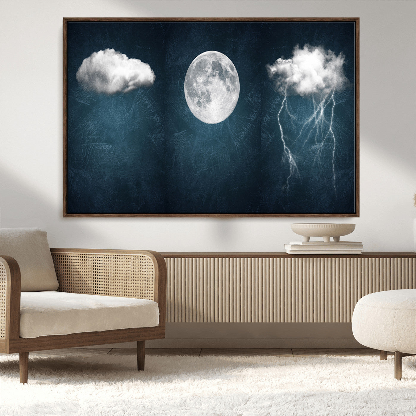 17673-MGV-FC-36X24_Walnut-3 Piece Indigo Cloud Wall Art, Thunderstorm Moon Cloud Artworks
