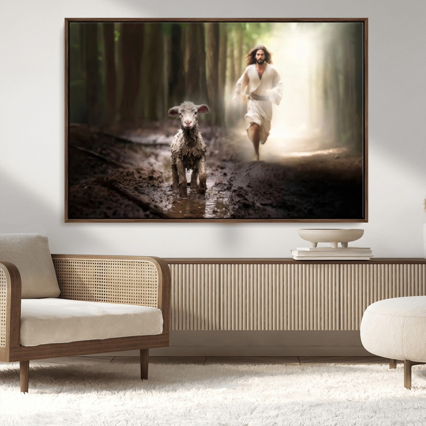 MGV-FC-36X24 - Jesus Canvas Wall Art - Jesus Running After Lost Lamb, Jesus, Christian Home Decor - Church Wall Art