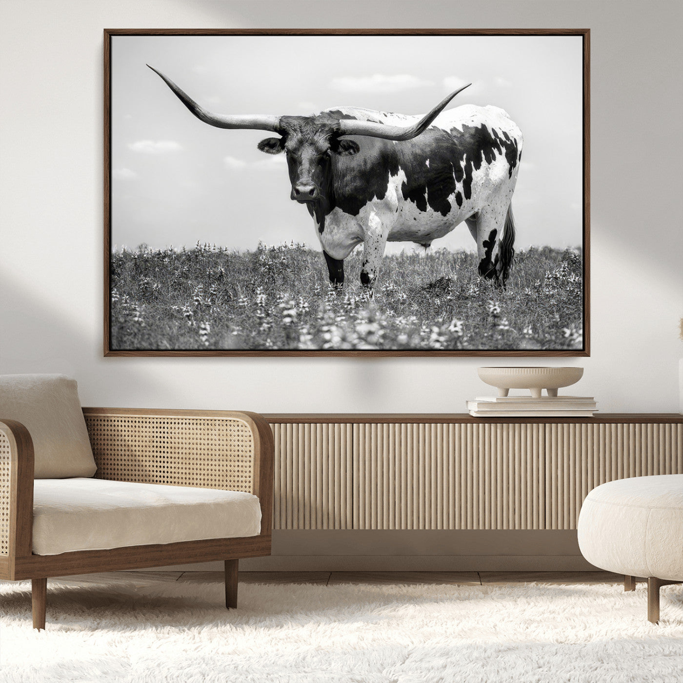 -Texas Black White Highland Longhorn Cow Wall Art Canvas Print