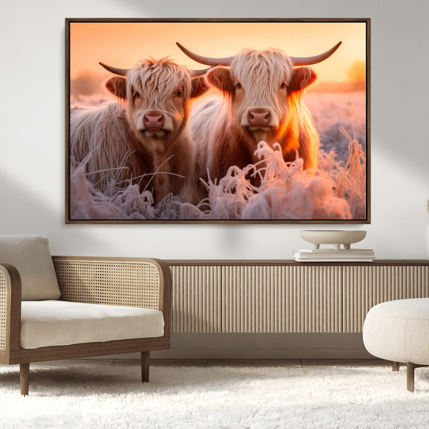-Highland Cows at Sunrise Wall Art Canvas Set – Serene and Rustic Farmhouse Decor
