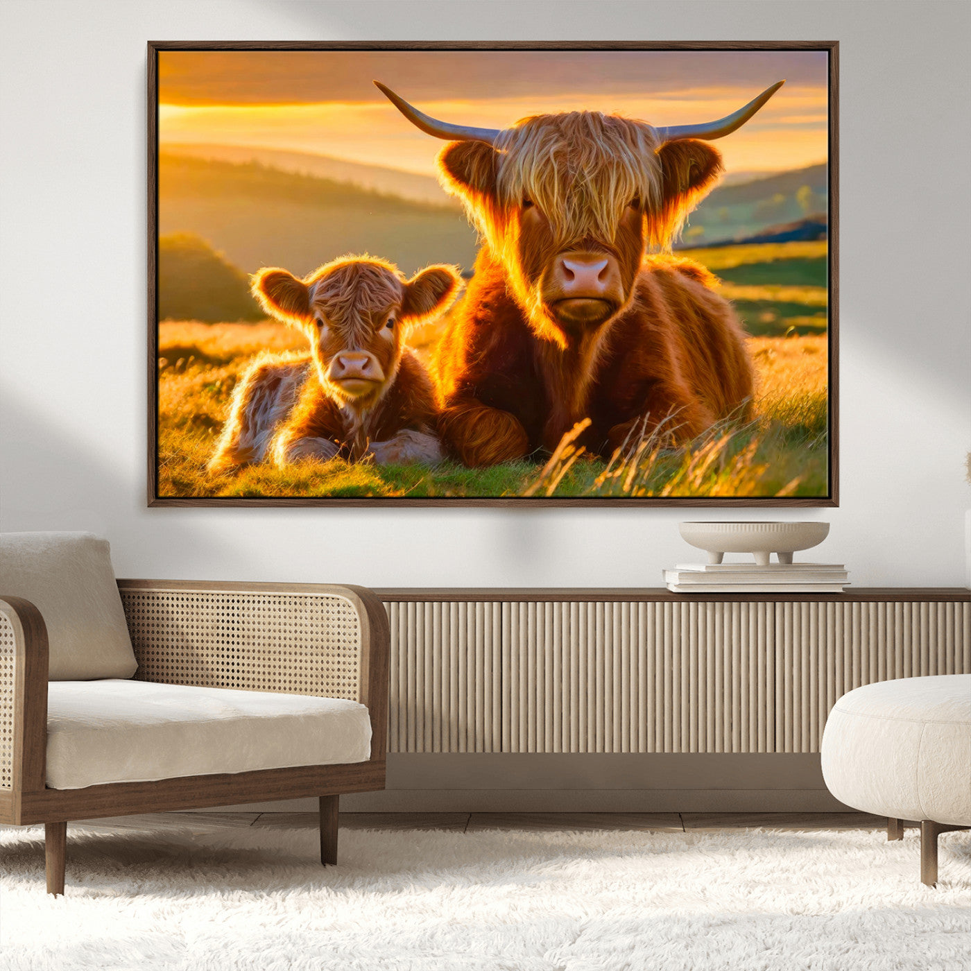 -Scottish Cow and Baby Cow Canvas Wall Art Animal Print Fluffy Cattle Framed Farmhouse Decor
