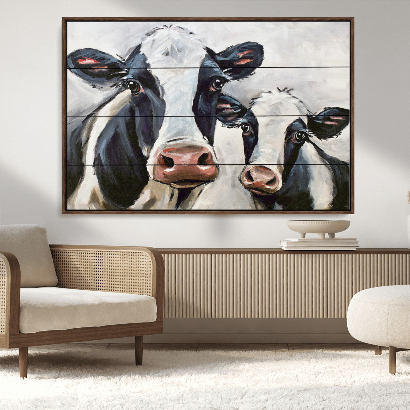 -Vintage Baby and Mom Cattle Wall Art Canvas Print