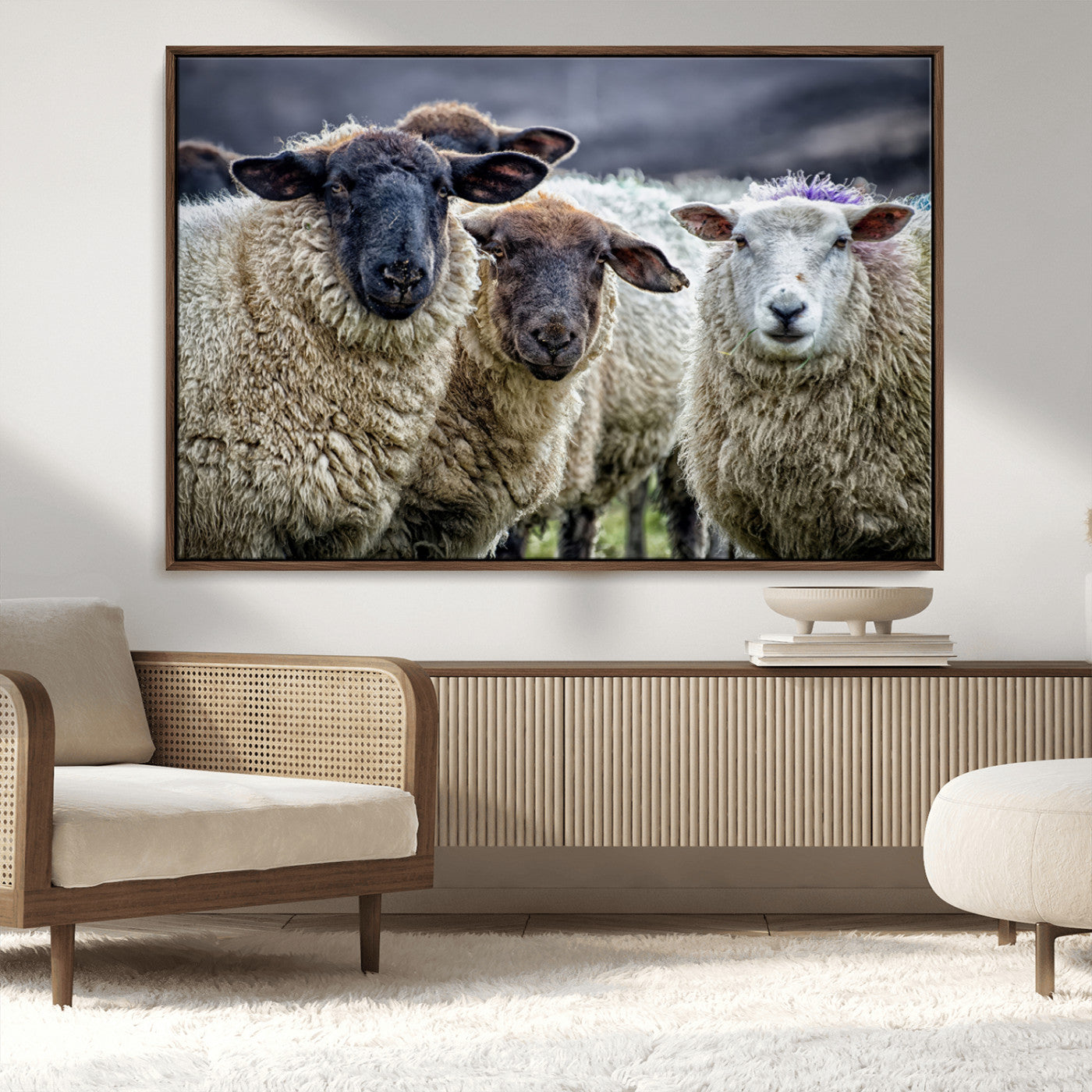 -Charming Sheep Portrait Wall Art – Trio of Woolly Companions Canvas Print, Framed, Ready to Hang