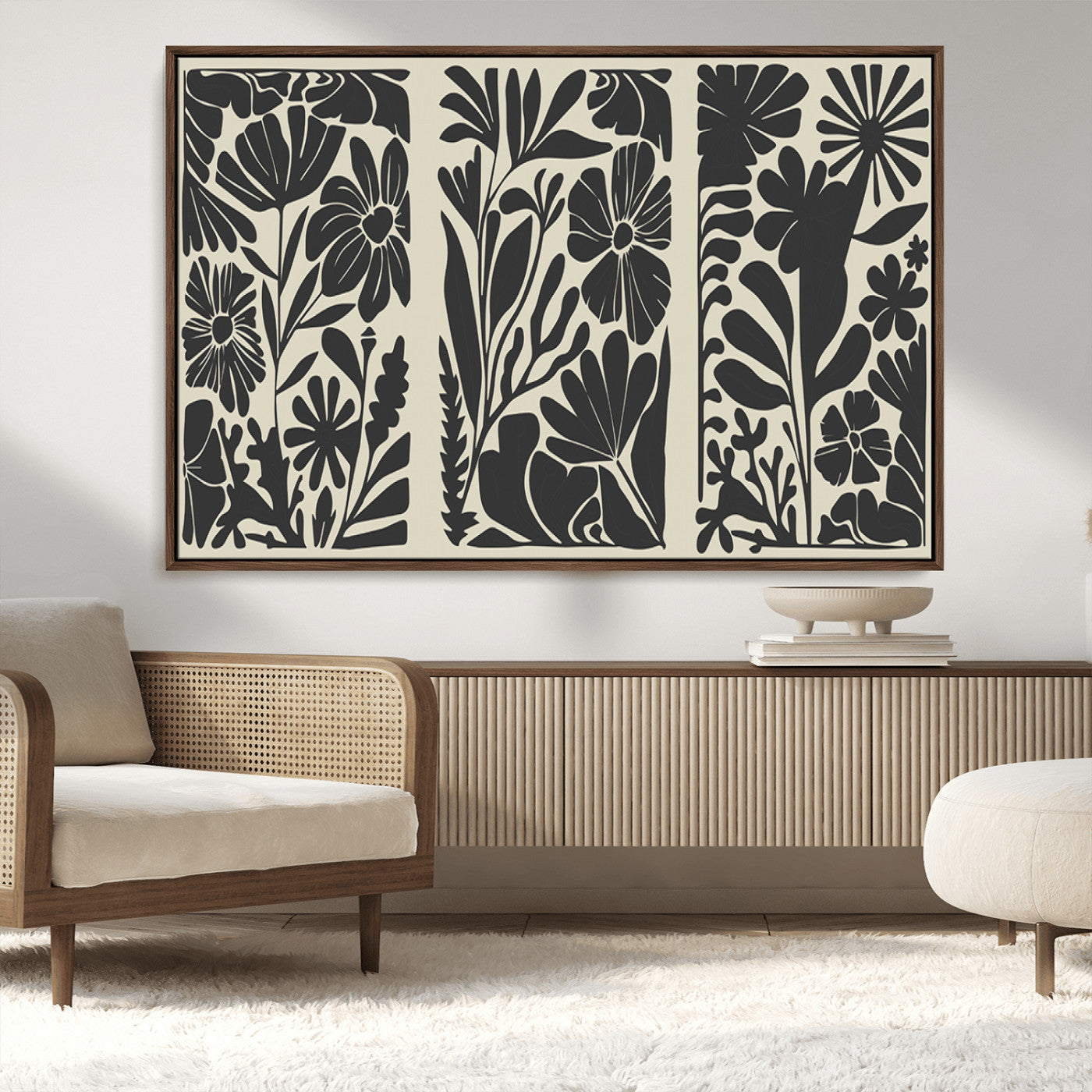 MGV-FC-36X24 - Modern Botanical Wall Art - Floral Black and White Canvas Print, Framed, Ready to Hang
