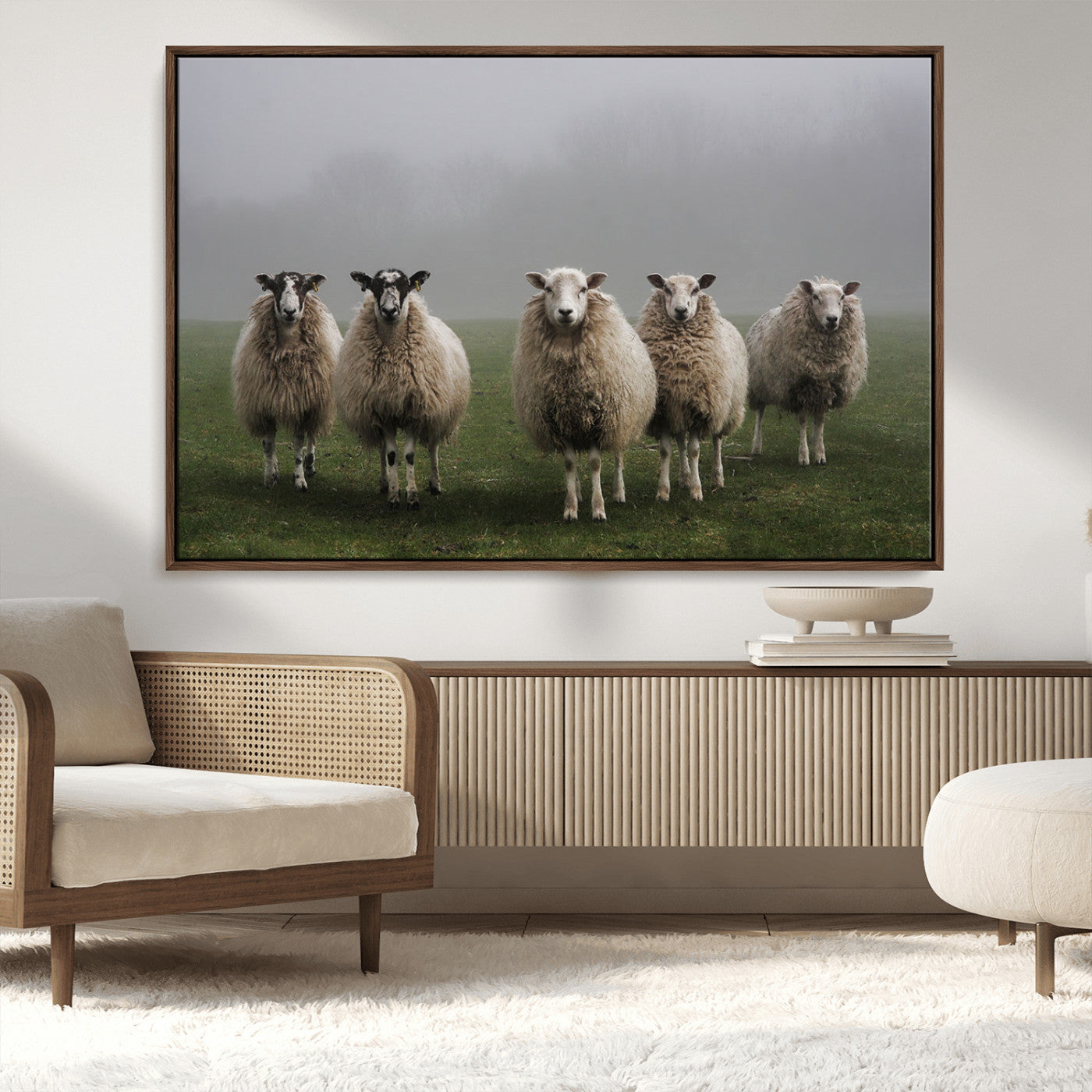 -Flock of Sheep in a Mystical Fog – Pastoral Wall Art Canvas Print, Framed, Ready to Hang