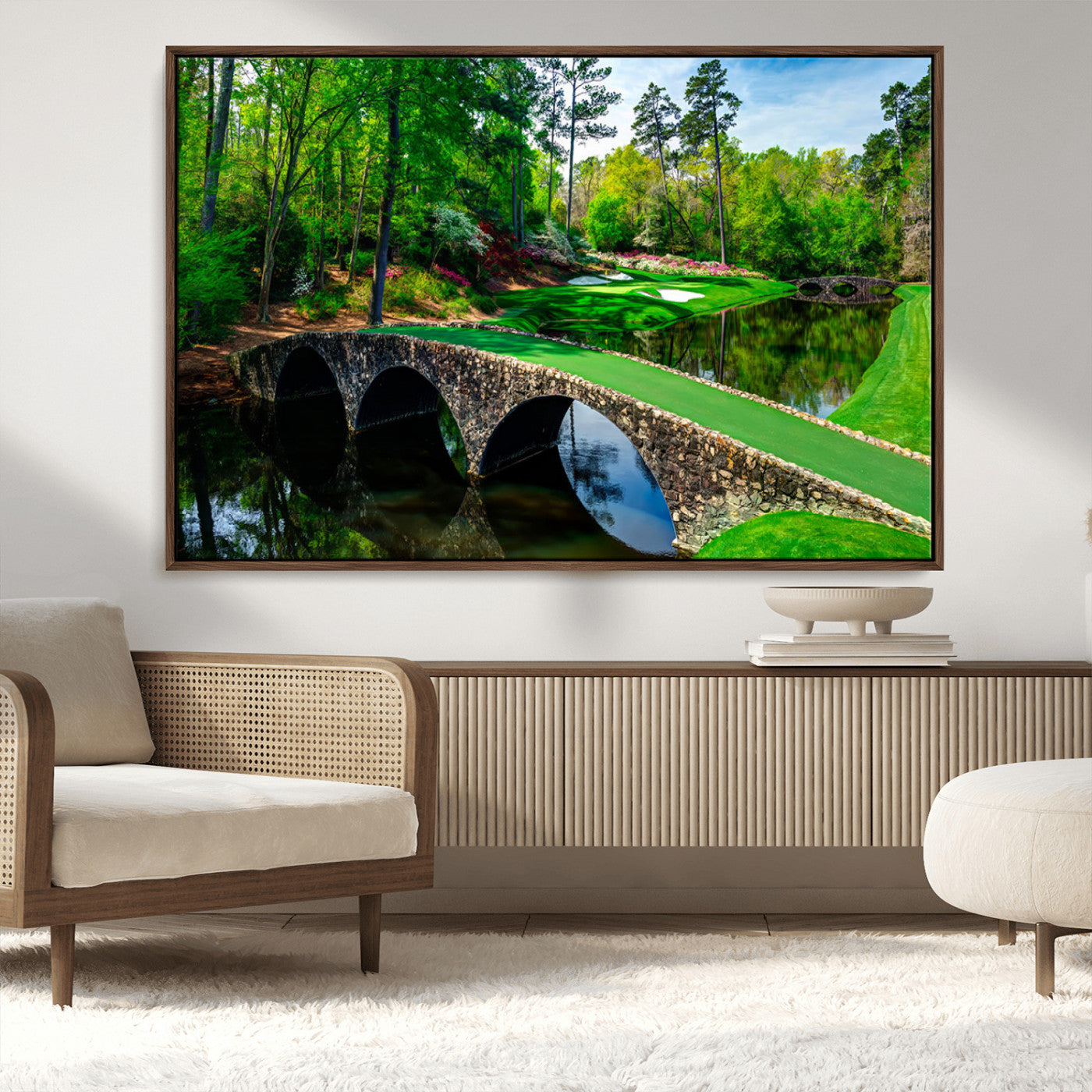 MGV-FC-36X24 - Augusta National Golf Club Wall Art - Panoramic Bridge & Lush Greenery – Premium Framed, Ready-to-Hang Triptych Canvas