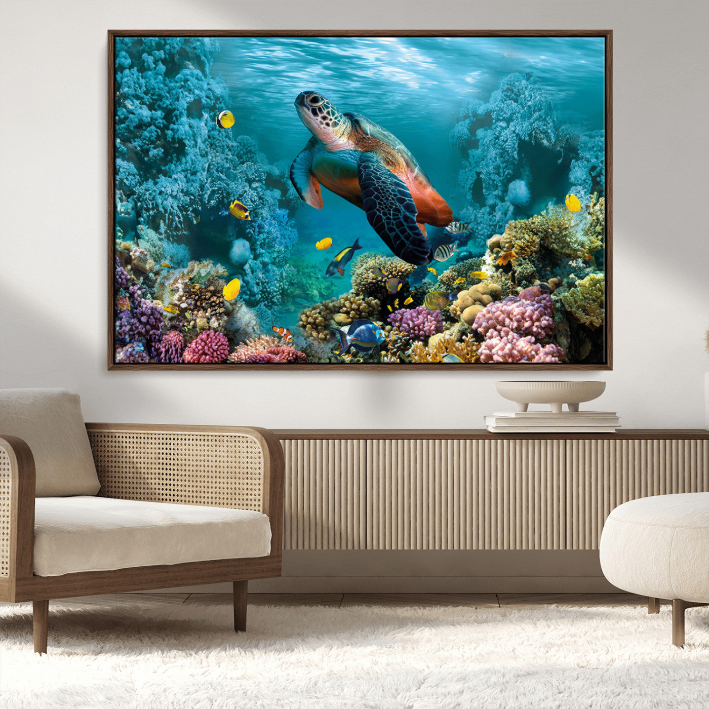 MGV-FC-36X24 - Sea Turtle and Coral Reef Triptych Wall Art – Vibrant Underwater Scene Canvas Set for Ocean Lovers and Coastal Decor – Ready to Hang 3-Panel Artwork
