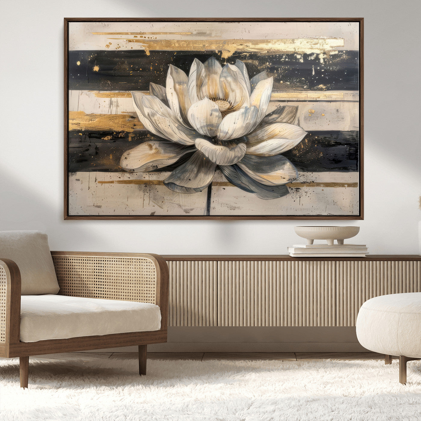 MGV-FC-36X24 - Lotus Flower Wall Art Canvas Print, Framed Abstract Lotus Art Picture Print, White Lotus Flower Perfect Abstract Floral Decor Artwork