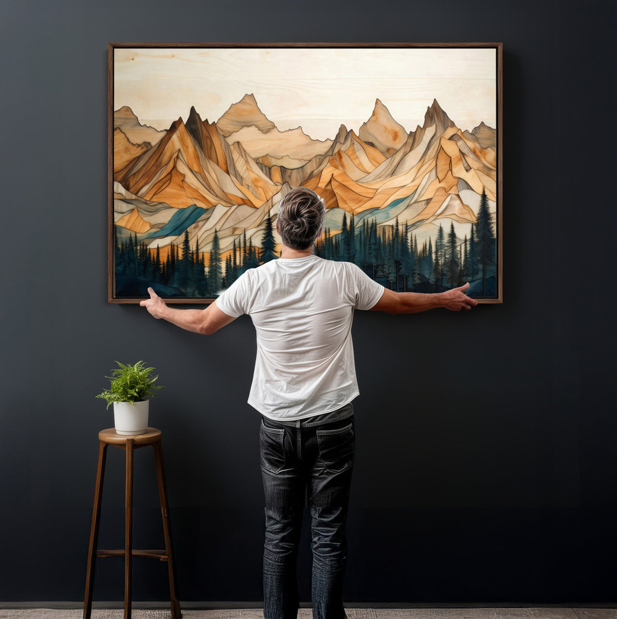 31576-MGV-CV-36X24 - Geometric Wood Mountain Landscape Wall Art Canvas Print, Rustic Forest Painting Print