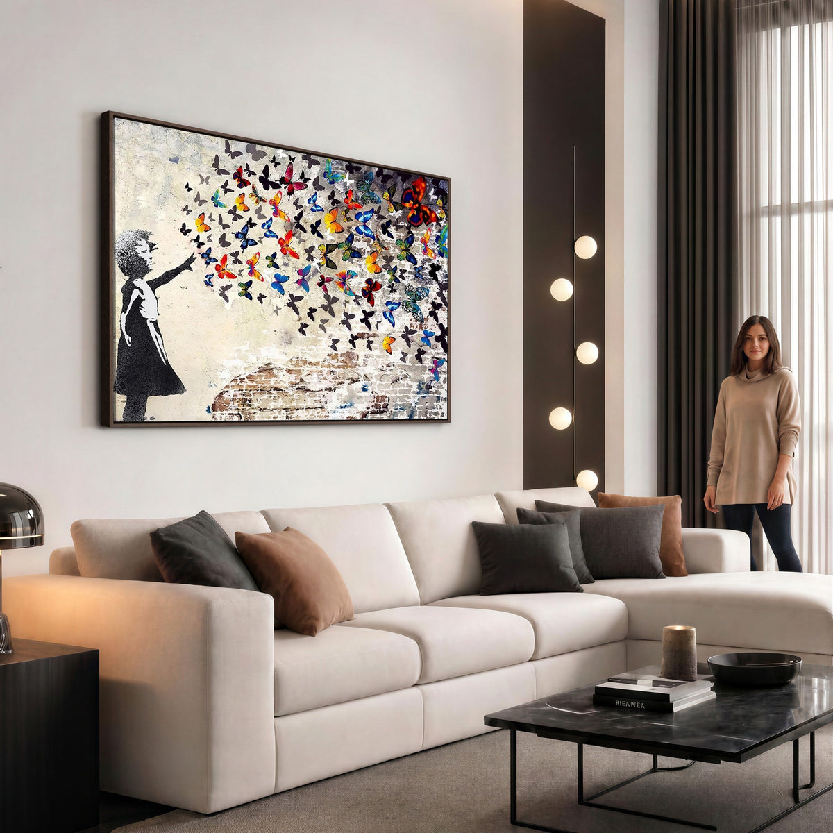 97895-MGV-CV-24X16 - Banksy Graffiti Wall Art Canvas Print, Girl Releasing Vibrant Butterflies
